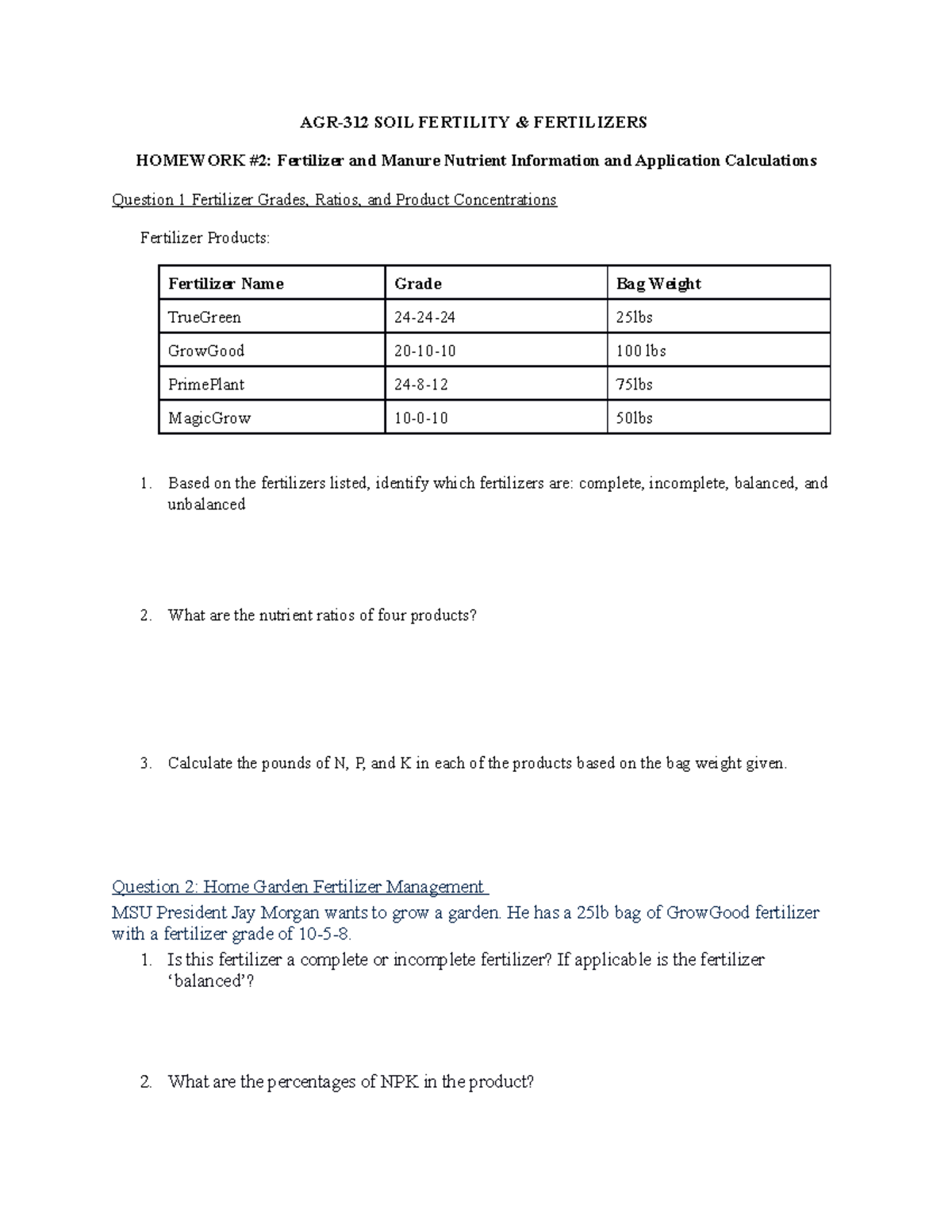 Homework2 Fertilizer and Manure Applications AGR312 SOIL FERTILITY