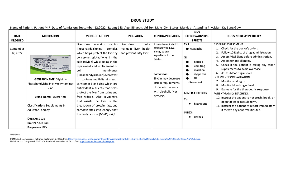 DRUG Study ( Liverprime) DRUG STUDY Name of Patient Patient M Date