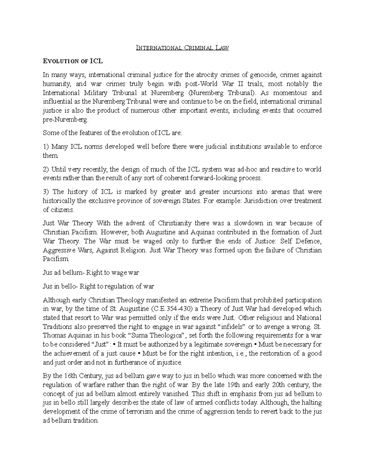 ICL End Sem Notes - INTERNATIONAL CRIMINAL LAW EVOLUTION OF ICL In many ...
