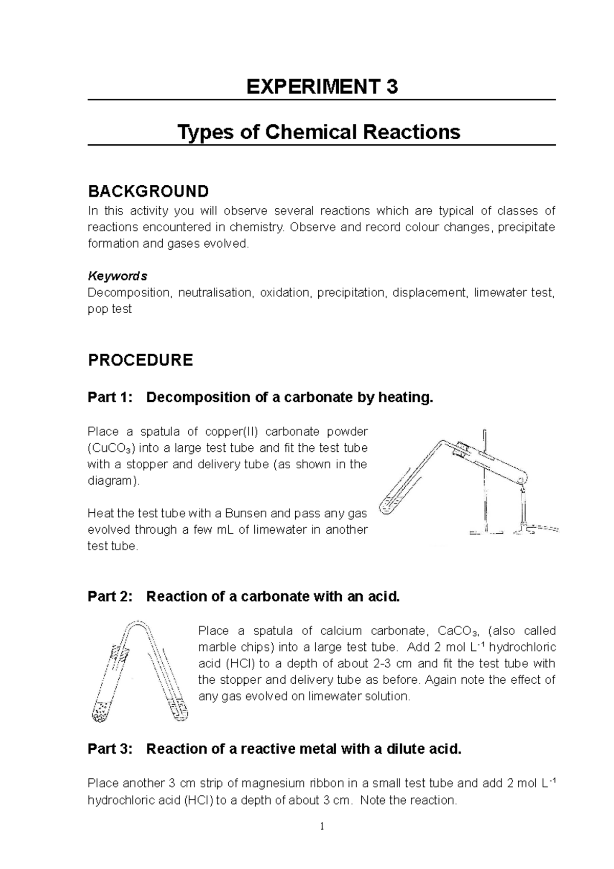 Experiment 3 Instructions - EXPERIMENT 3 Types of Chemical Reactions ...