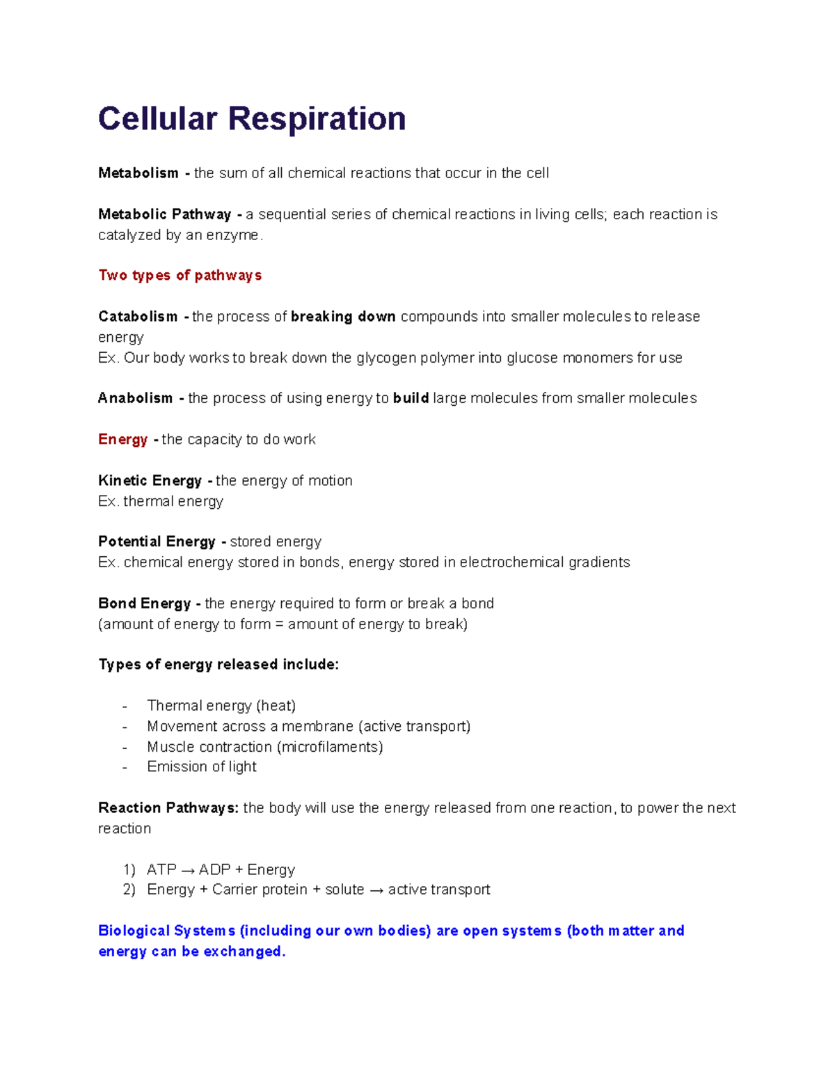 Unit 2 Metabolic Processes - Cellular Respiration Metabolism - the sum ...