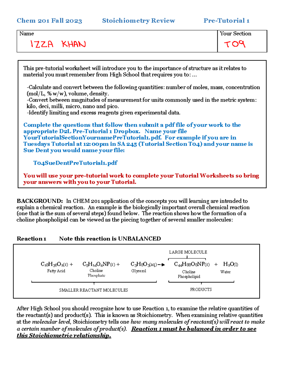 TO9Pre Tutorial 1 - Chem 201 Fall 2023 Stoichiometry Review Pre ...