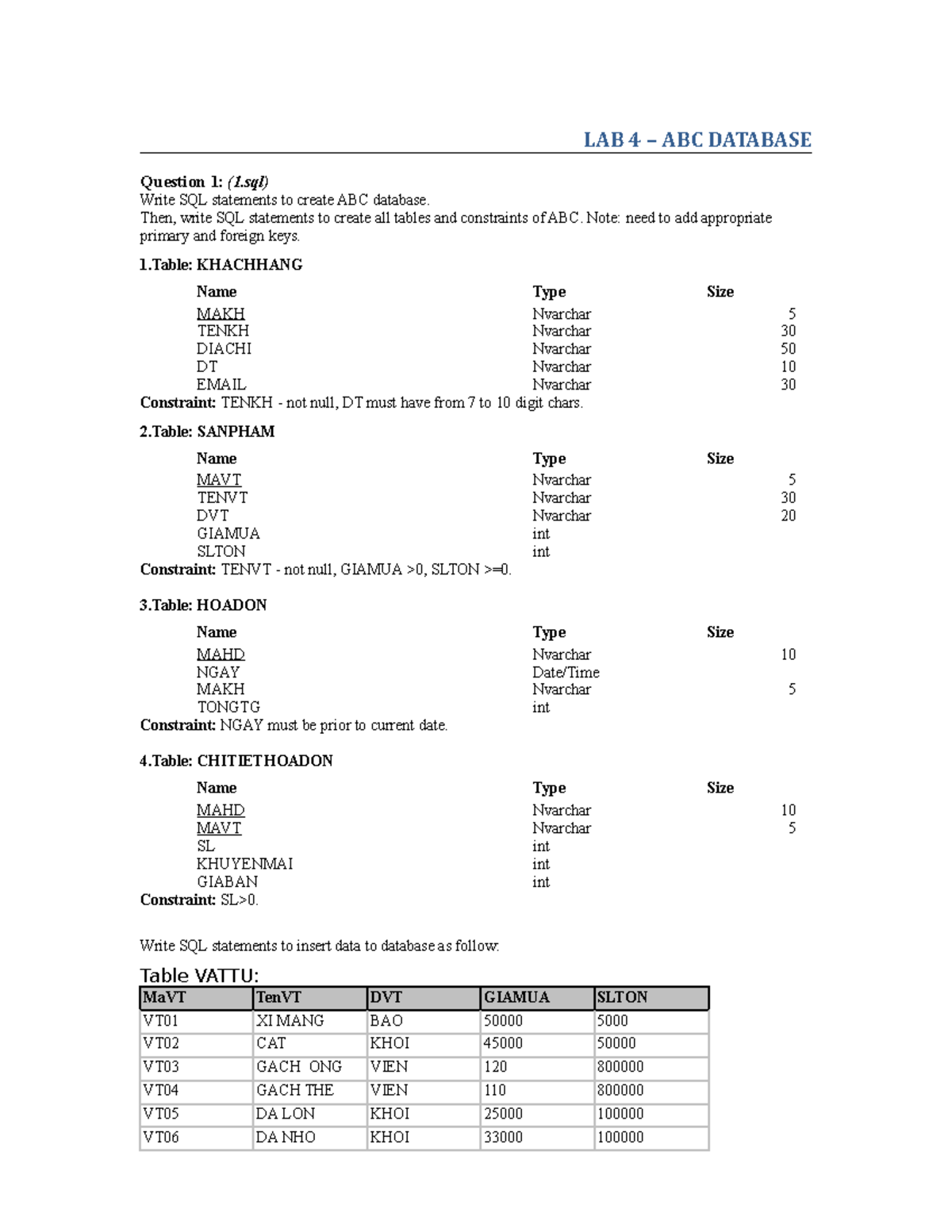 WS3 - qqq - LAB 4 – ABC DATABASE Question 1: ( 1 ) Write SQL statements ...