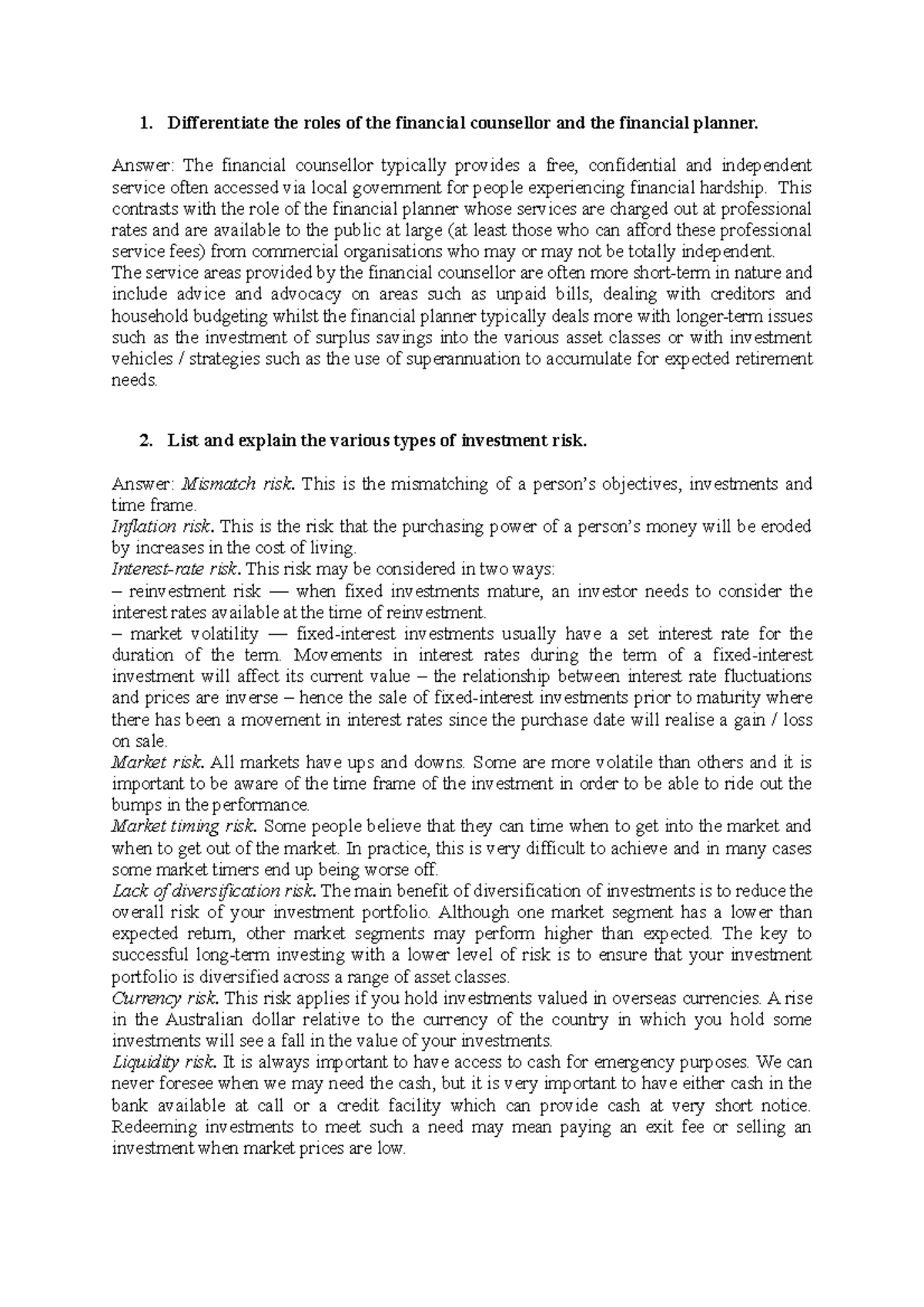 Theory questions personal financial planning 1. Differentiate the roles of the financial Studocu