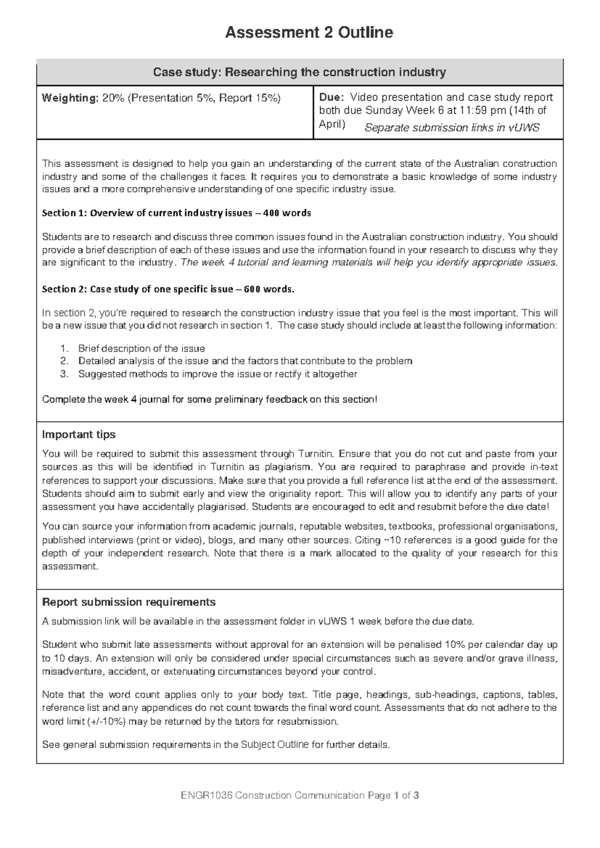 Assessment 2 Outline - Assessment 2 Outline ENGR1036 Construction ...