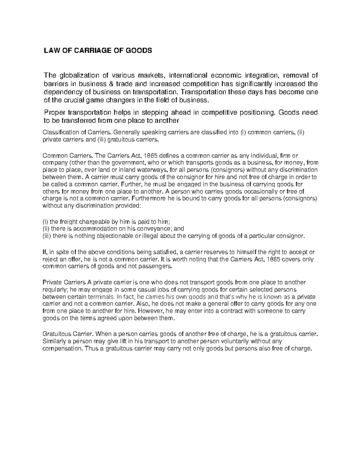 Law of carriage of goods LAW OF CARRIAGE OF GOODS The globalization