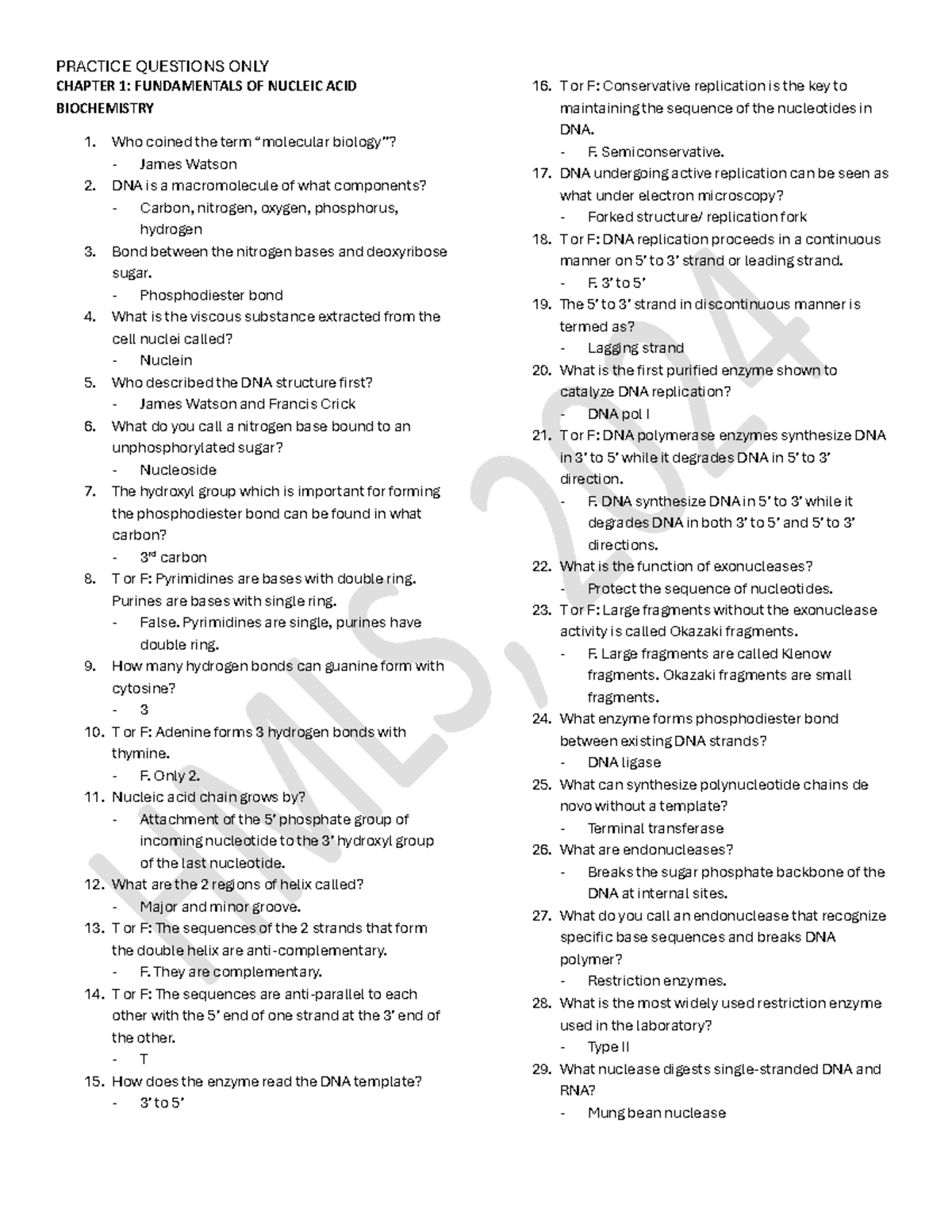 MBD 1 7 PRAC Qs CHAPTER 1 FUNDAMENTALS OF NUCLEIC ACID BIOCHEMISTRY