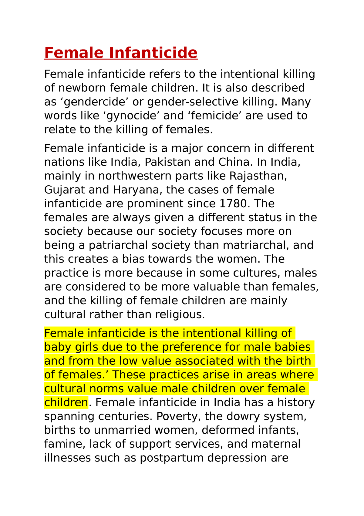 write a public speech on female infanticide