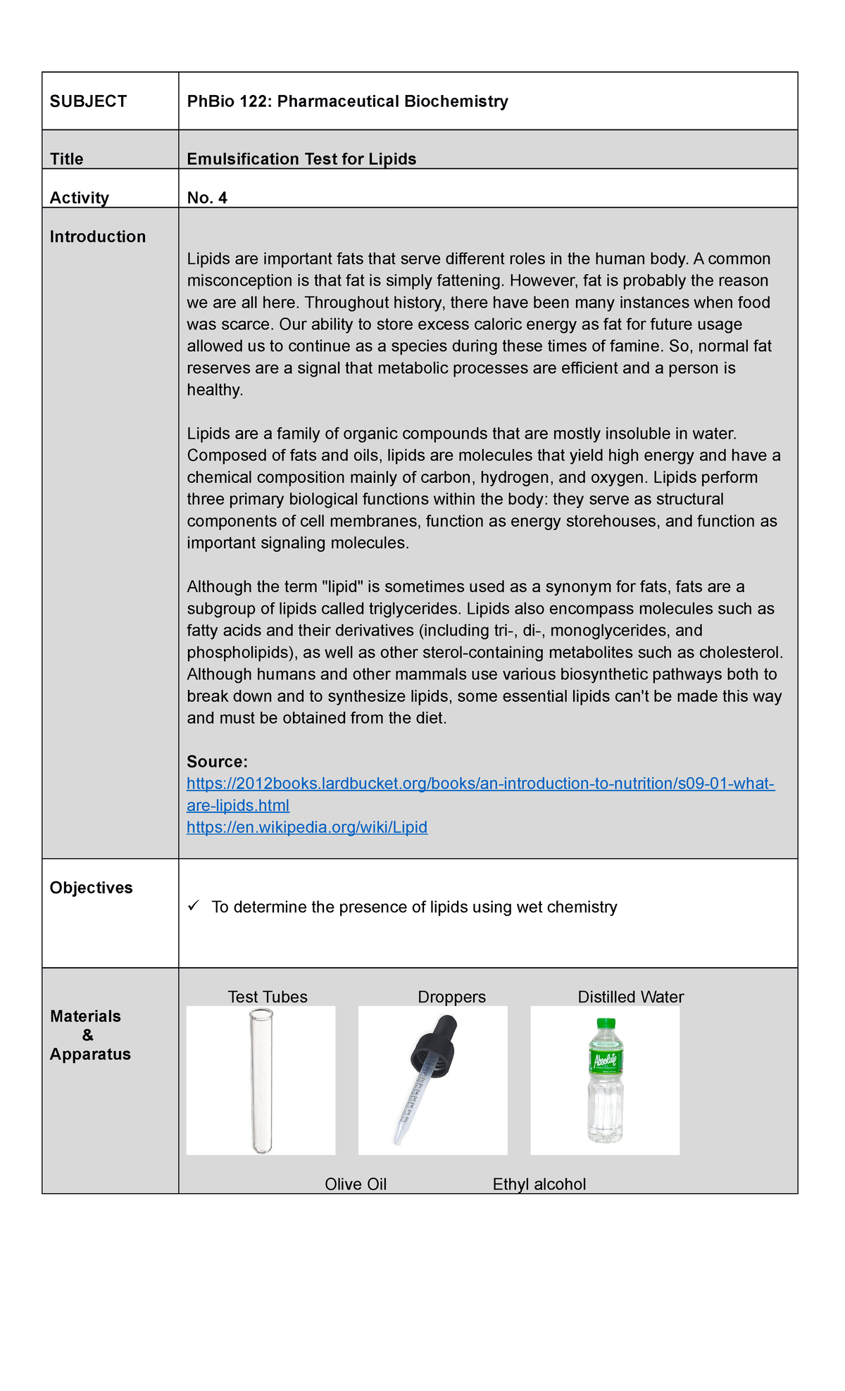 Biochemistry Activity Emulsification of Lipids SUBJECT PhBio 122