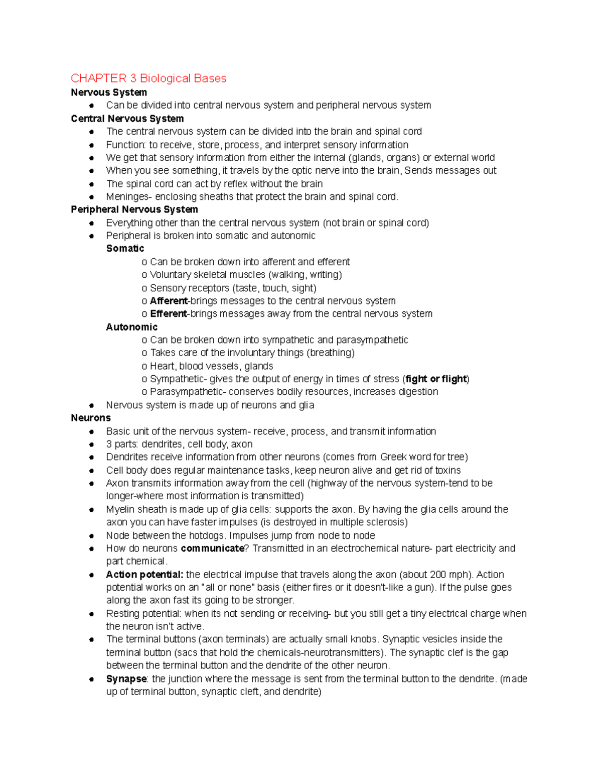 PSYC 2010 Exam 2 Notes - CHAPTER 3 Biological Bases Nervous System Can ...