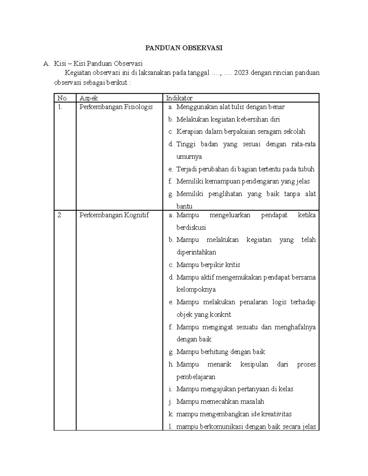 Panduan Observasi - LMS - PANDUAN OBSERVASI A. Kisi – Kisi Panduan ...