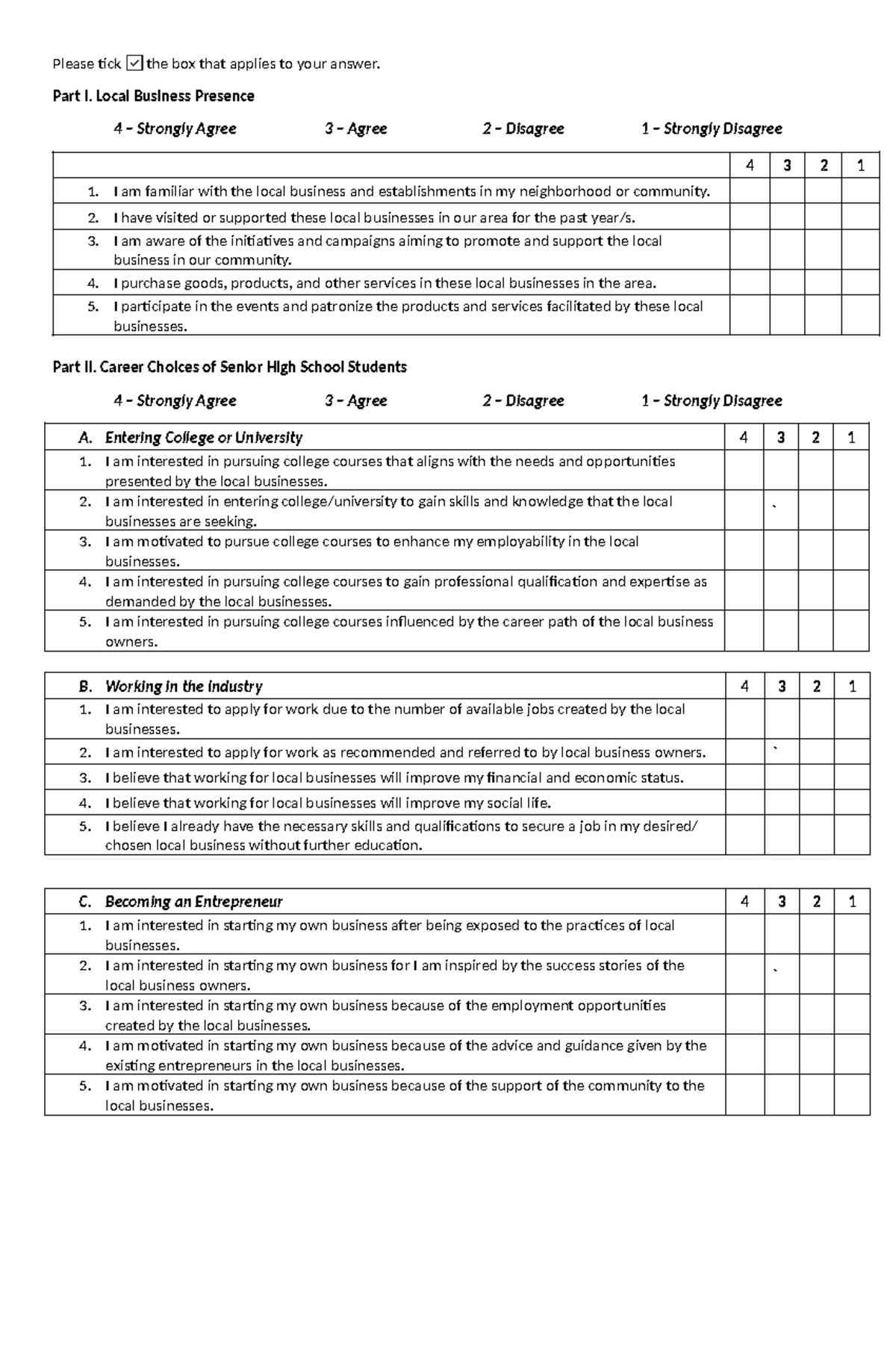 Impact OF Business Environ - Questionnaire - Please tick the box that ...