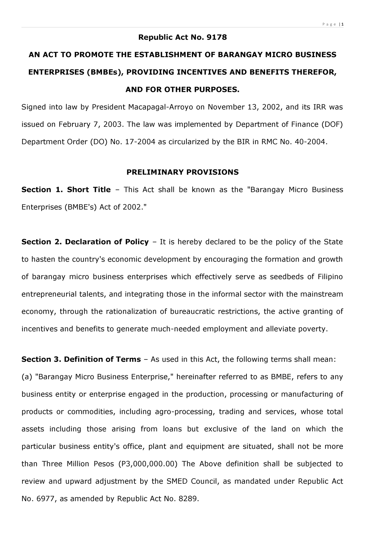 Republic Act 9178 Or The Barangay Micro Business Enterprises Act Of ...