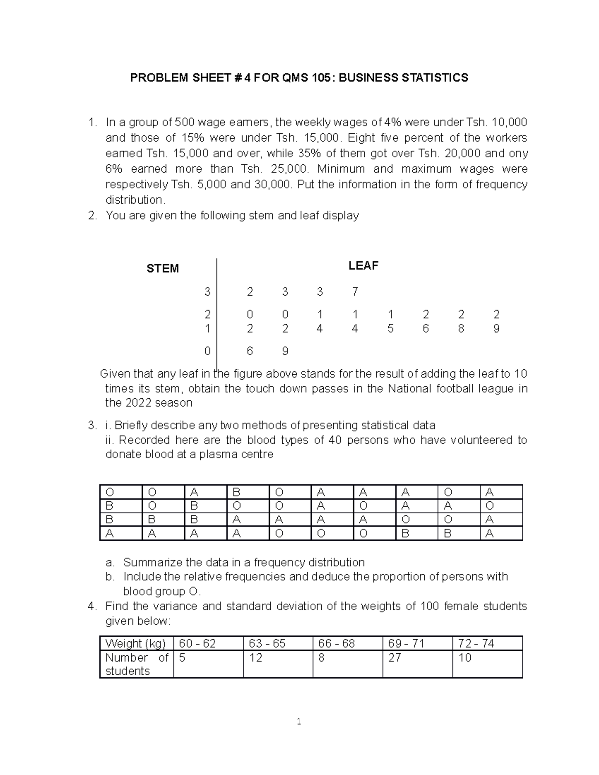 Problem Sheet # 4 - STATISTICS - PROBLEM SHEET # 4 FOR QMS 105 ...
