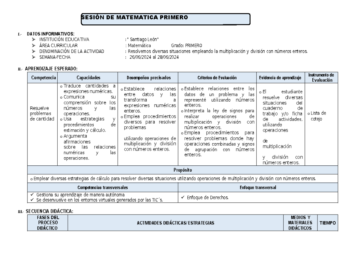 Sesion Matematica Primero 26 DE Junio - I.- DATOS INFORMATIVOS ...