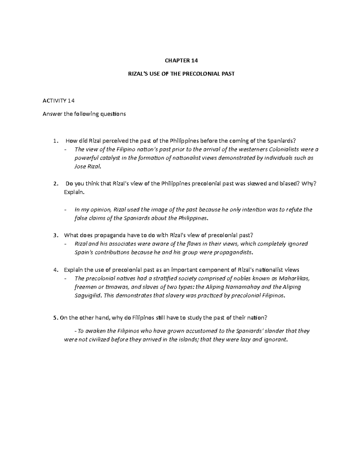 R14 - Rizal-Chapter-14 - CHAPTER 14 RIZAL'S USE OF THE PRECOLONIAL PAST ...