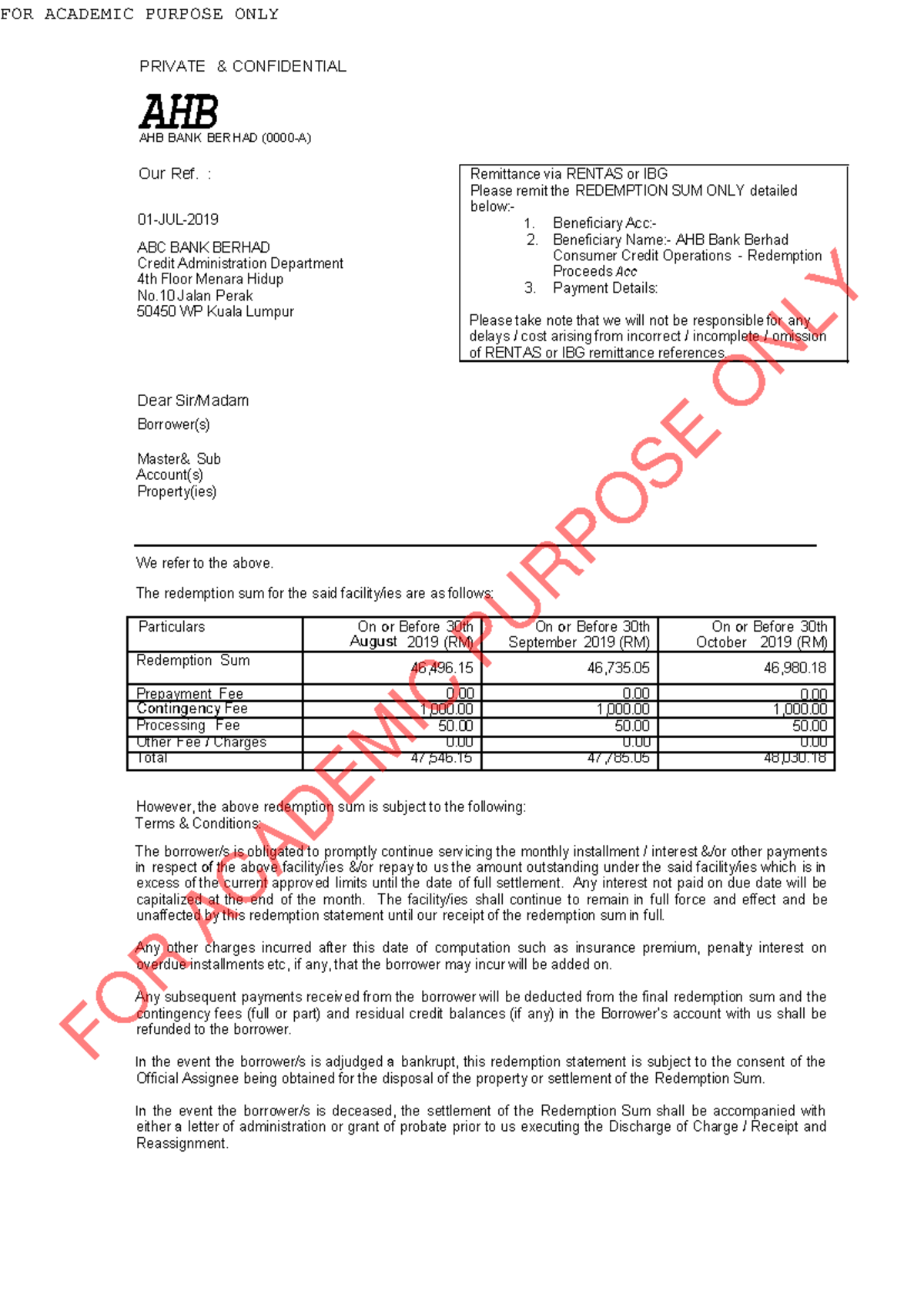 Sample Redemption Statement PRIVATE & CONFIDENTIAL Please take note