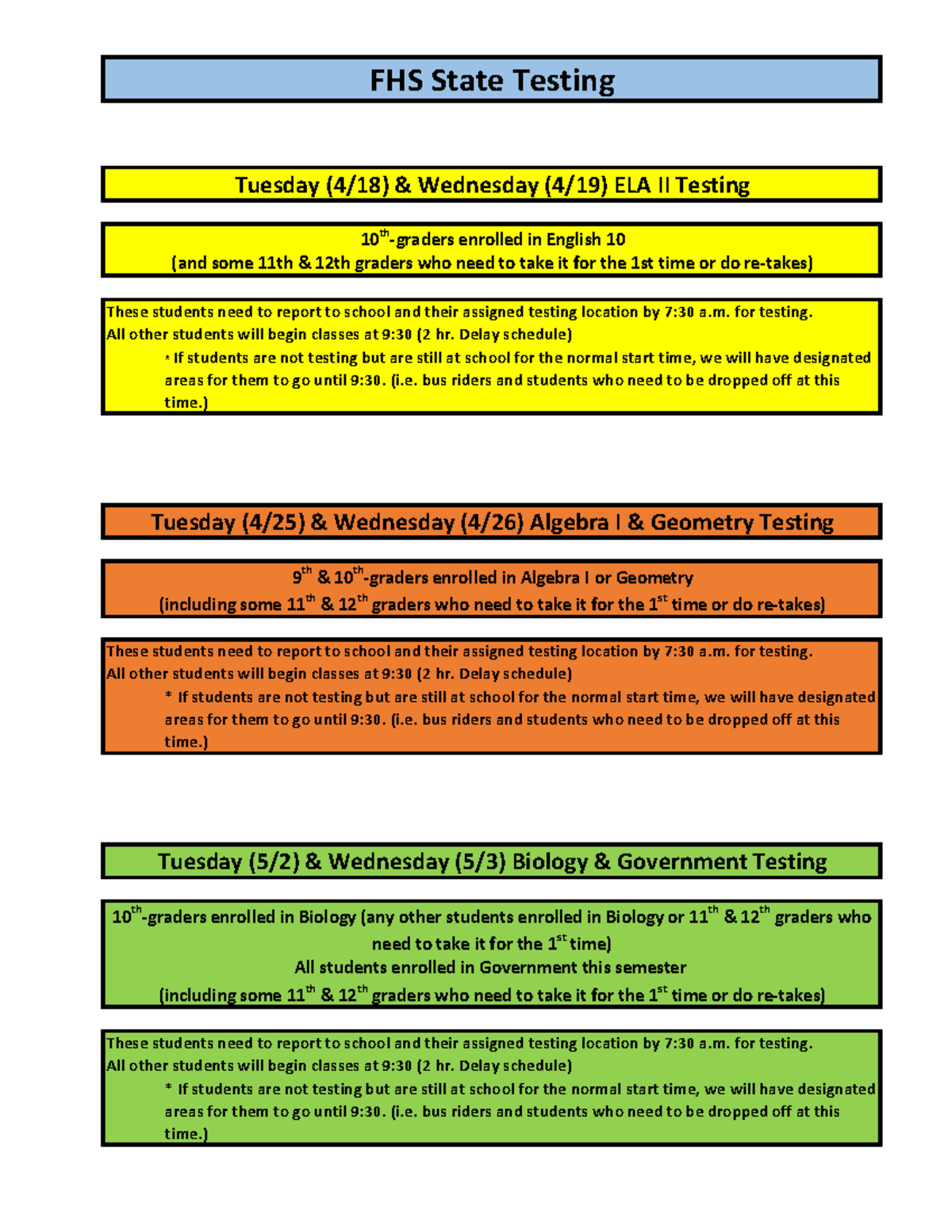 FHS State Testing Summary - FHS State Testing Tuesday (4/18 ...
