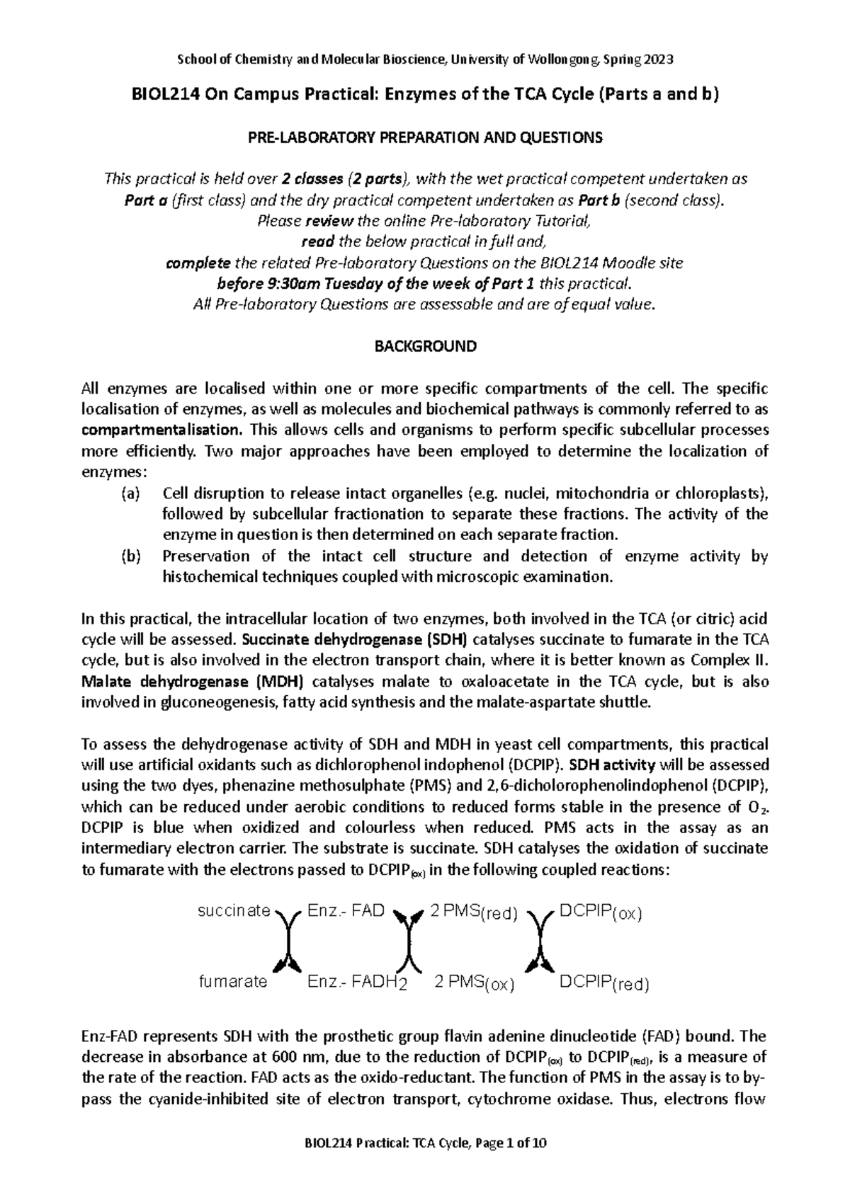 BIOL214 Practical TCA Cycle - biol214 - UOW - Studocu