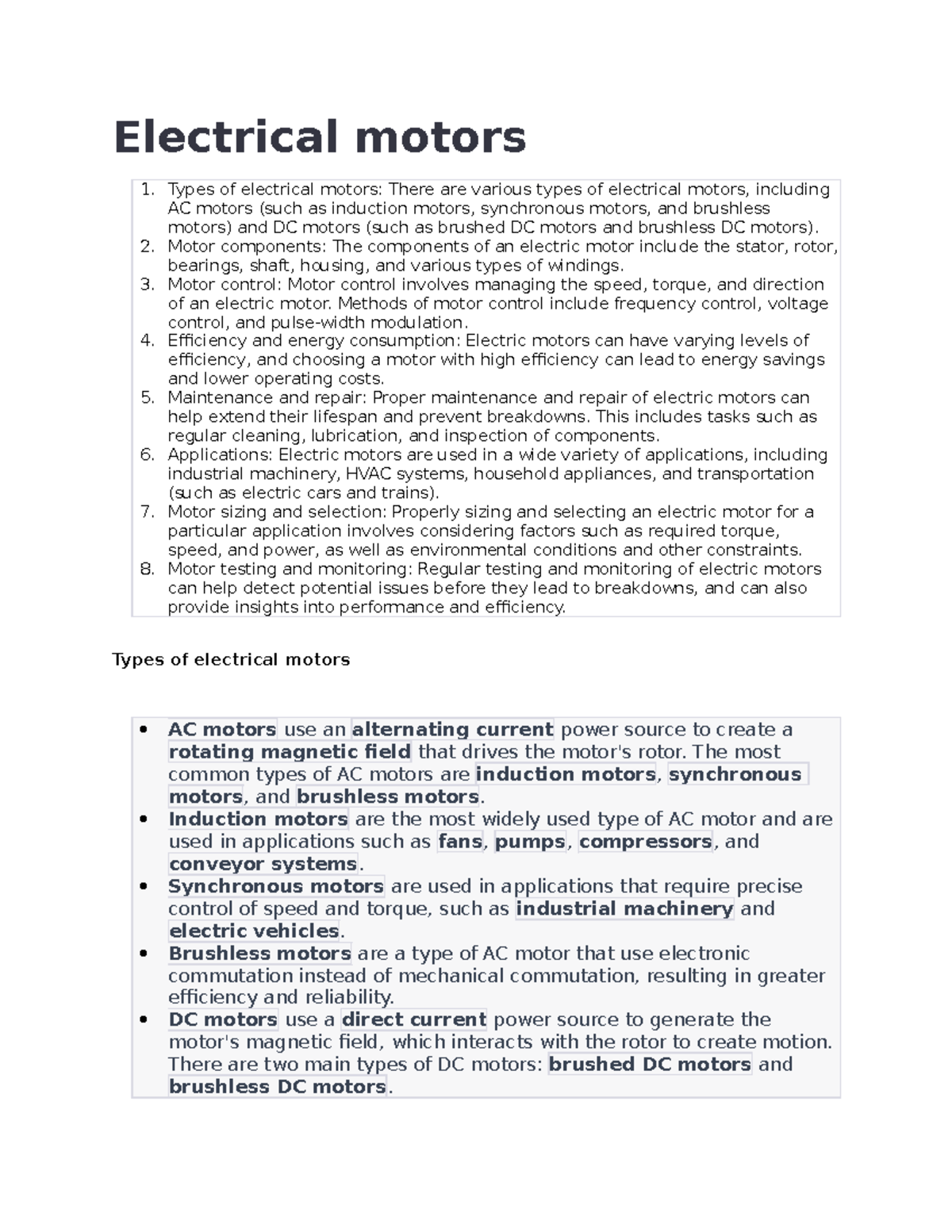 Electrical motors - this just a pointer and further research needed ...