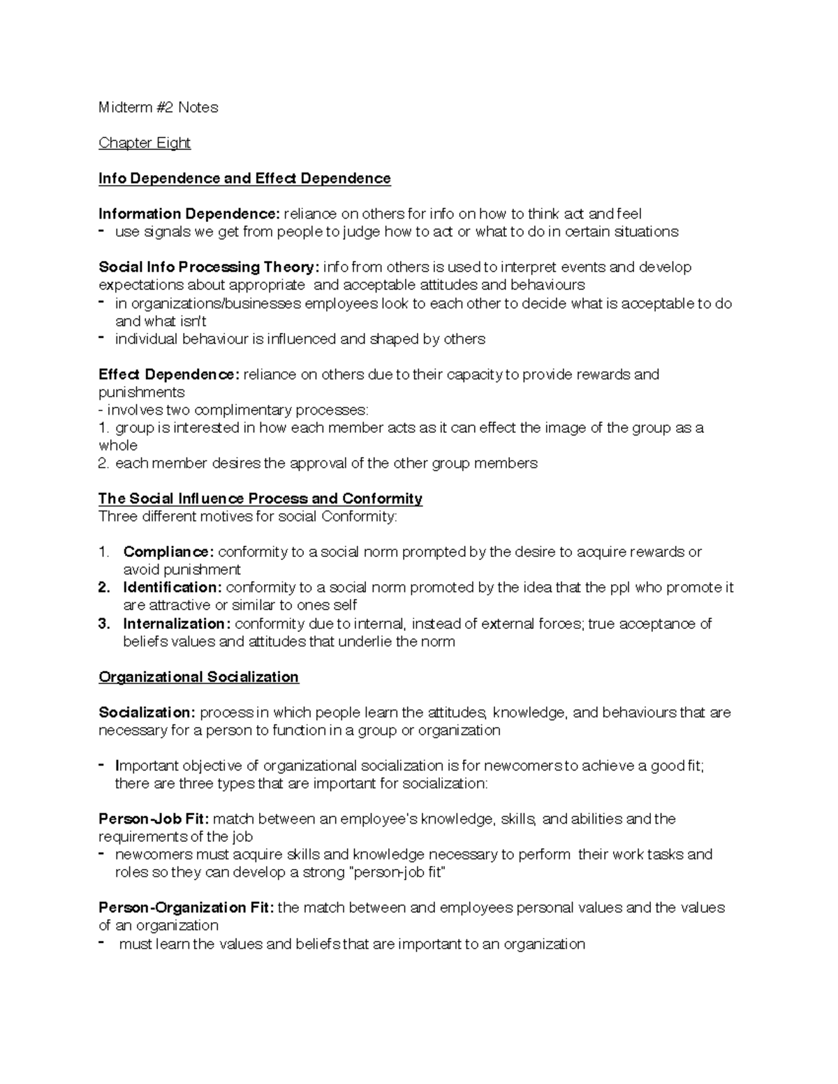 Organizational Midterm 2 notes - Midterm #2 Notes Chapter Eight Info ...