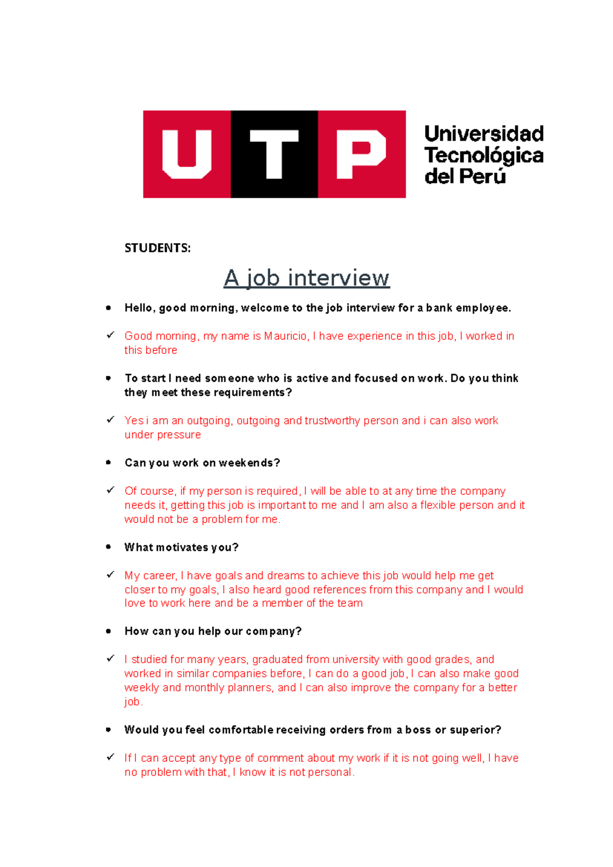 (Week03) Semana 3 jiijijji - STUDENTS: A job interview Hello, good ...