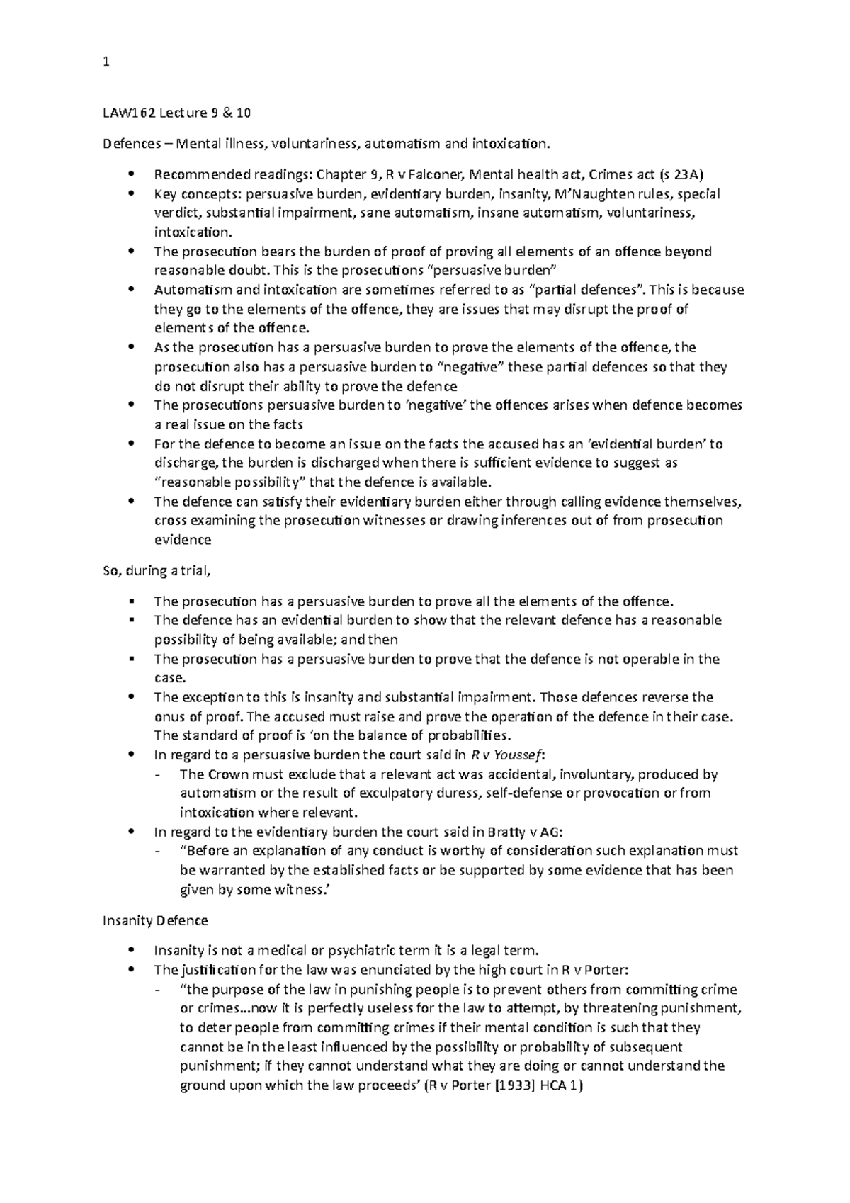 LAW162 Lecture 9 - Recommended readings: Chapter 9, R v Falconer ...