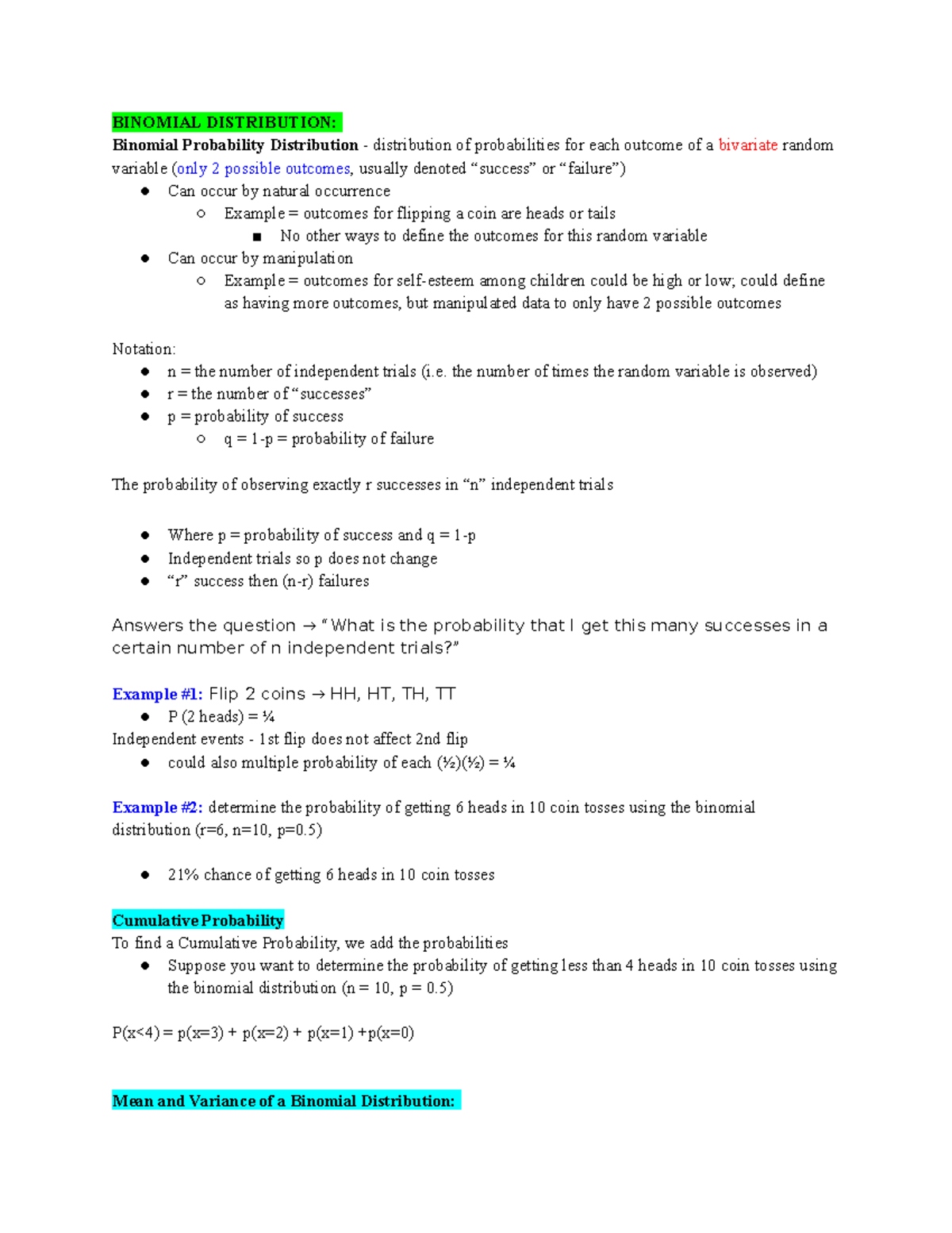Exam 2 Study Guide Binomial Distribution and Hypothesis Testing