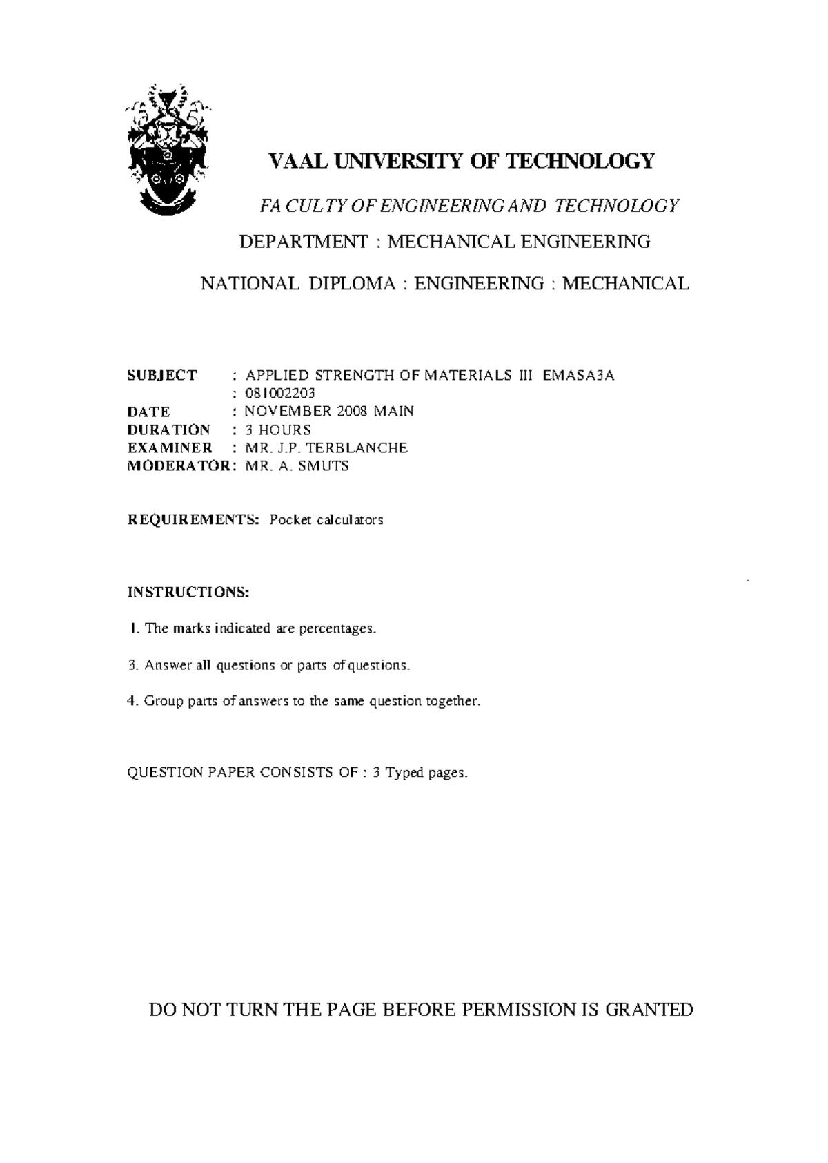 App strength question paper - VAAL UNIVERSITY OF TECHNOLOGY FA CUL TY ...