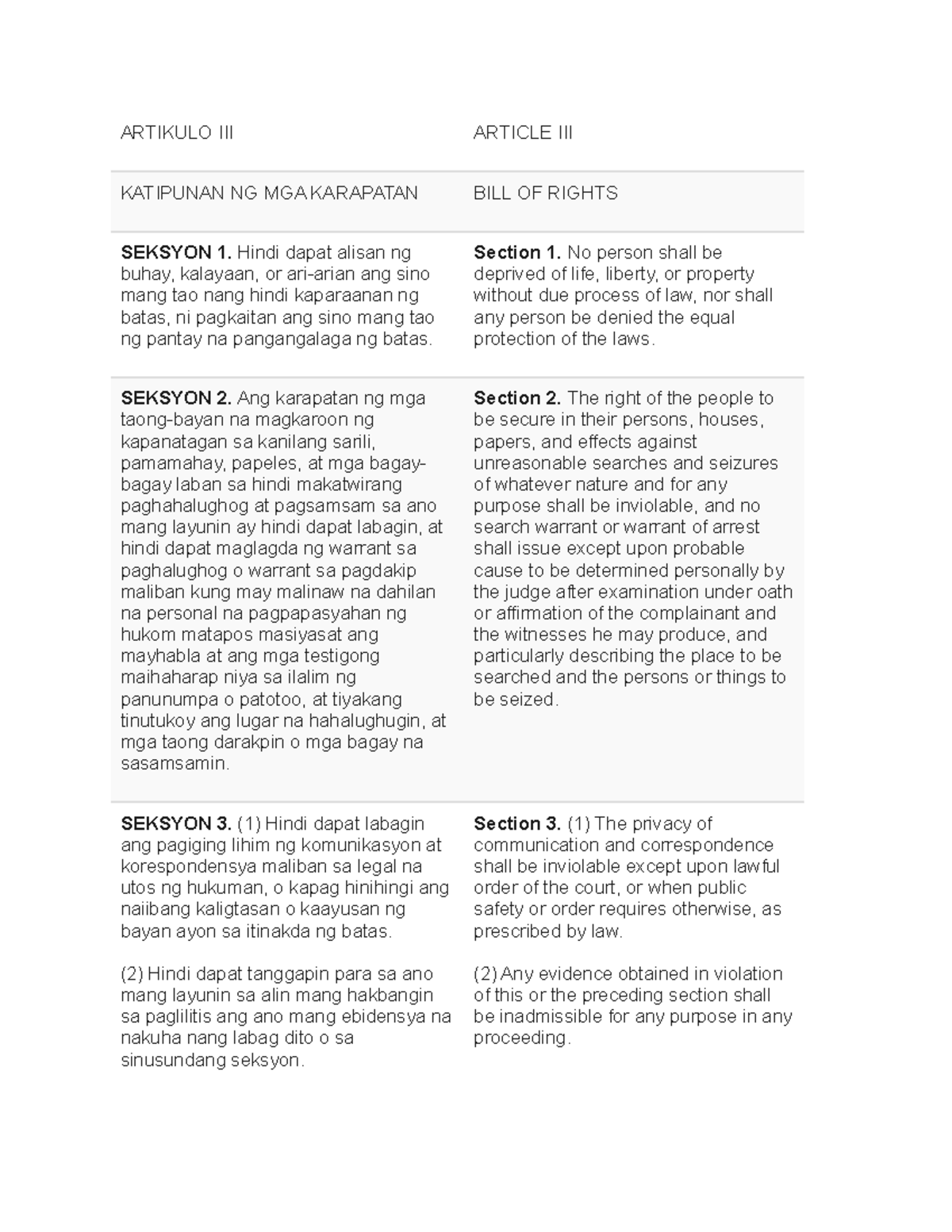 Bill Of Rights Artikulo Iii Article Iii Katipunan Ng Mga Karapatan