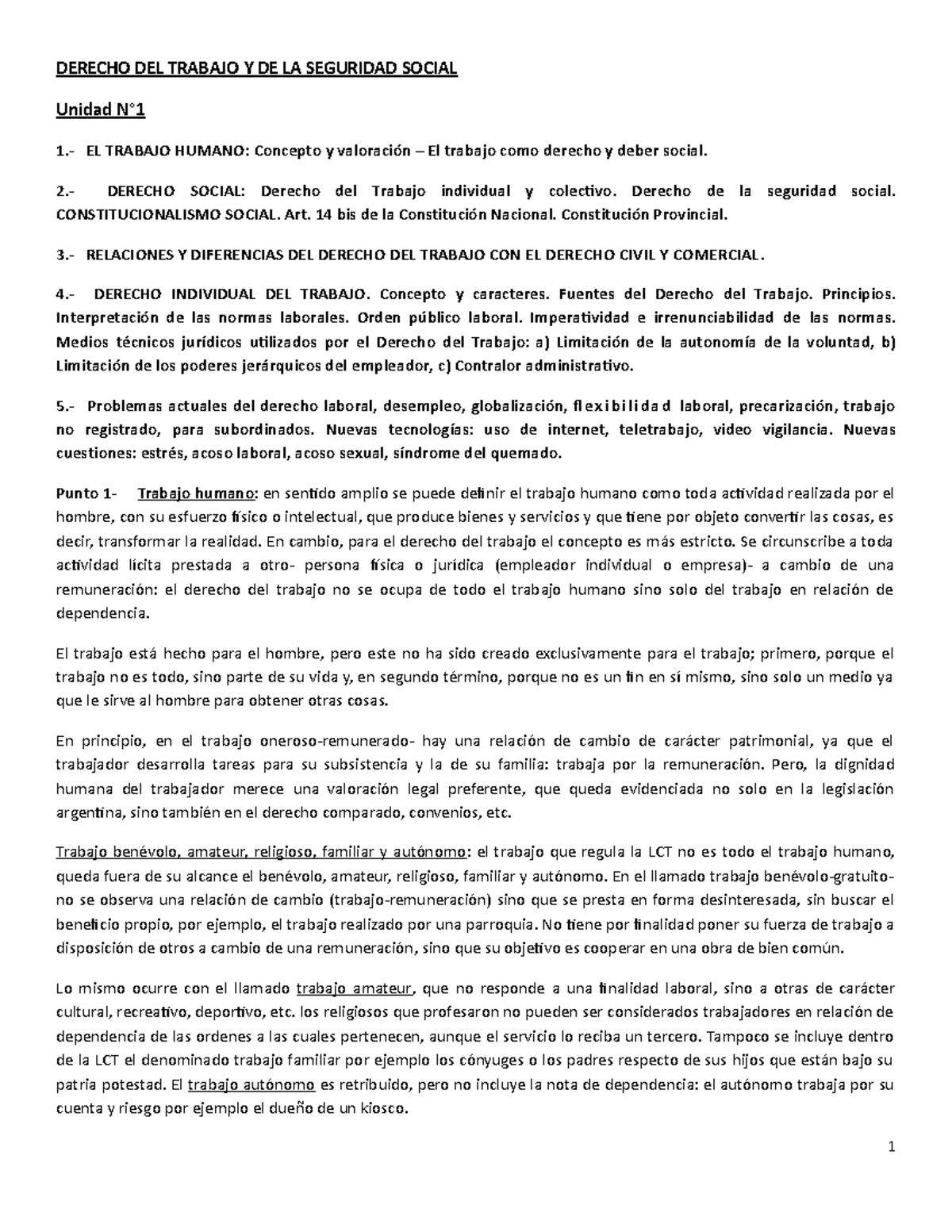 Unidad 1 - resumen de clases - DERECHO DEL TRABAJO Y DE LA SEGURIDAD ...