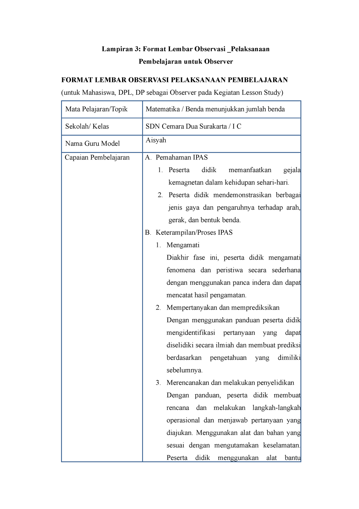 Lembar Observasi Pelaksanaan Pembelajaran Untuk Observer - Lampiran 3 ...