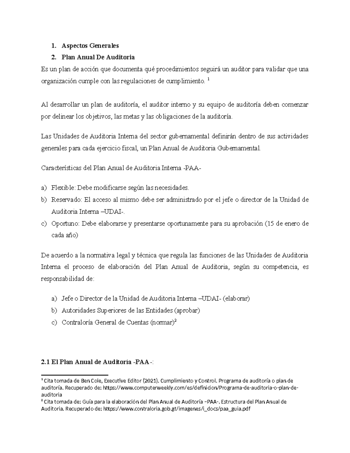 Plan Anual de Auditoria Cuadros corregidos - 1. Aspectos Generales 2 ...