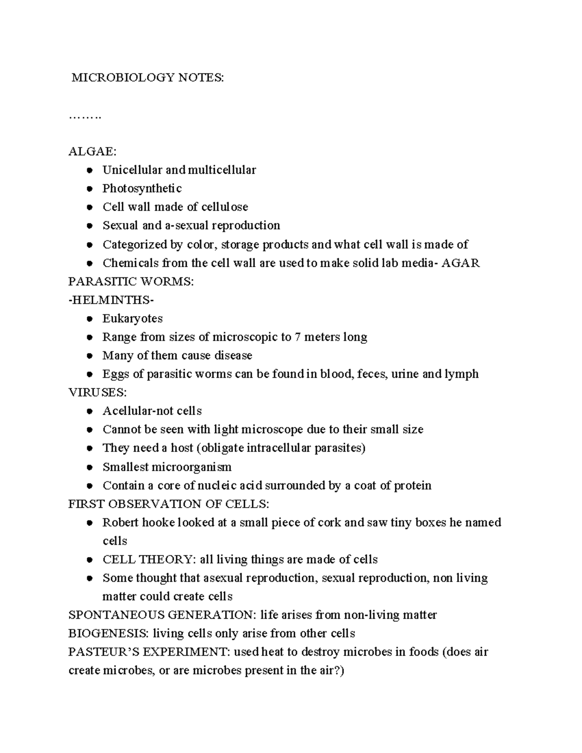 Microbiology Notes - MICROBIOLOGY NOTES: …….. ALGAE: Unicellular and ...