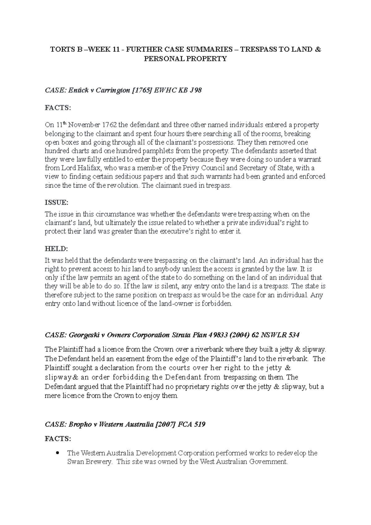 Torts B - Week 11 Case Summaries - Trespass to Land and Personal ...