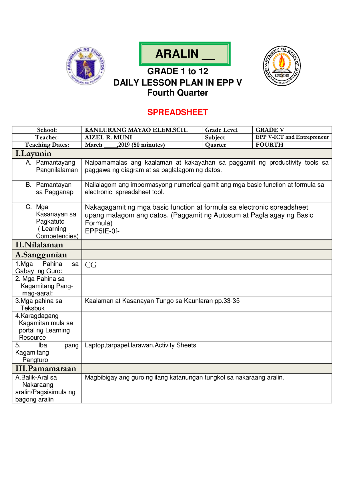 Observation Cot Grade 1 To 12 Daily Lesson Plan In Epp V Fourth Quarter Spreadsheet School 3296