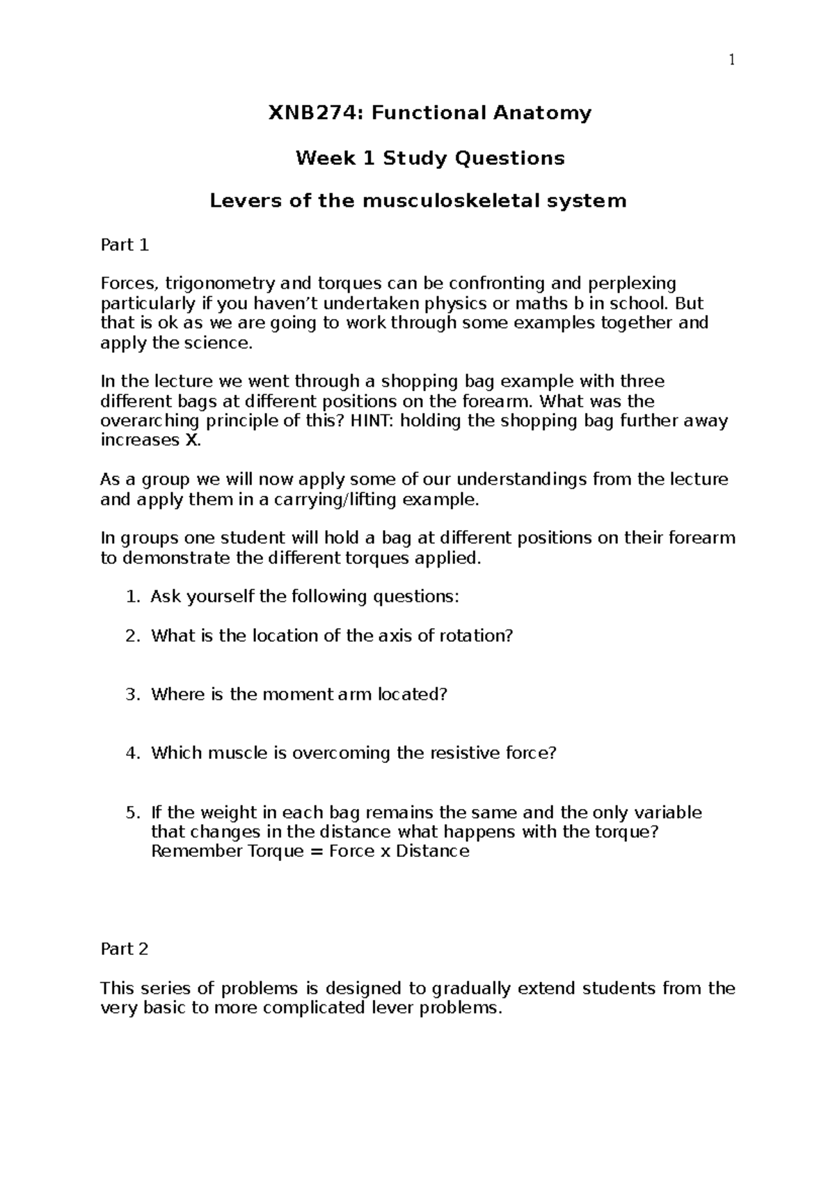 Prac1 Lever Problems XNB274 Functional Anatomy Week 1 Study