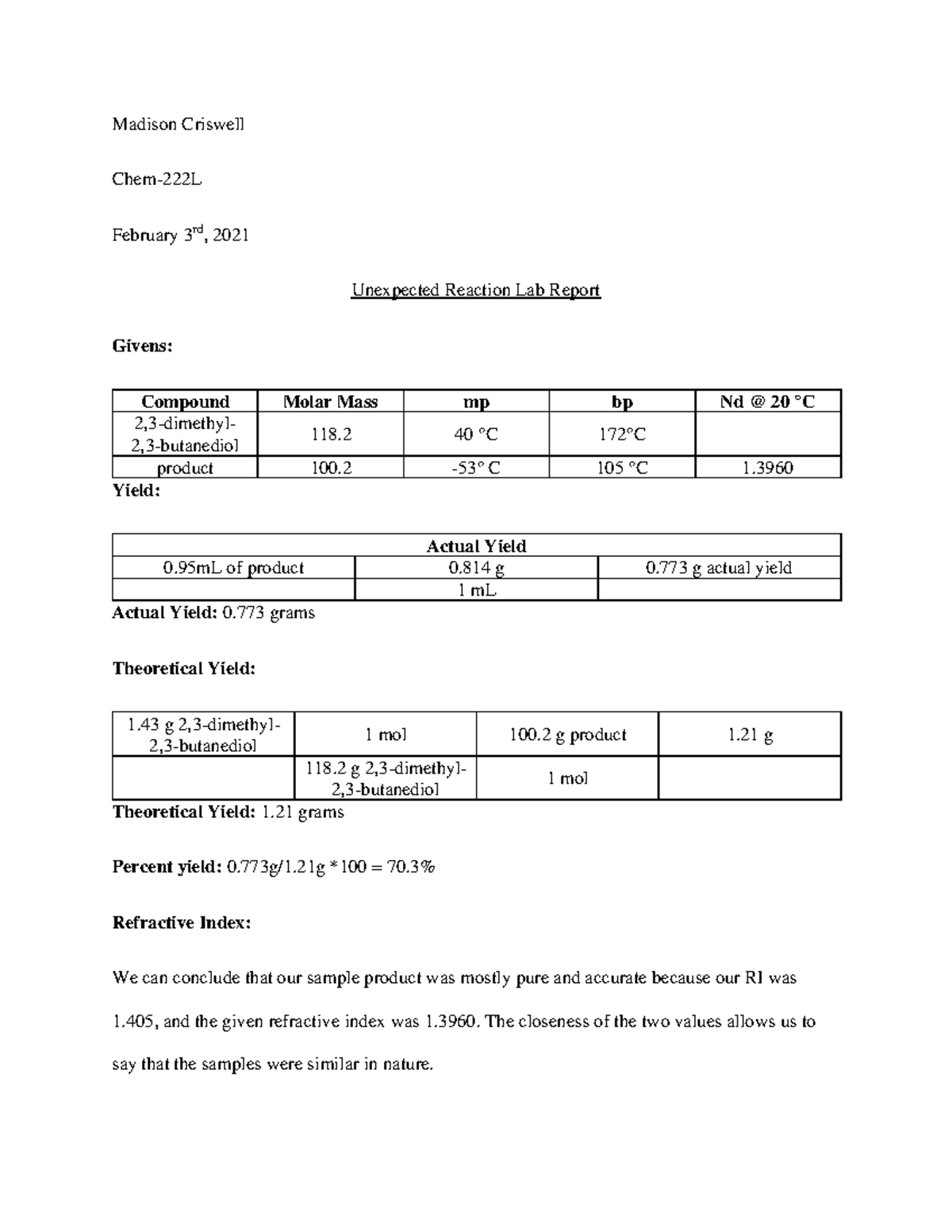 Unexpected Rxn Lab Report Madison Criswell Chem222L February 3rd