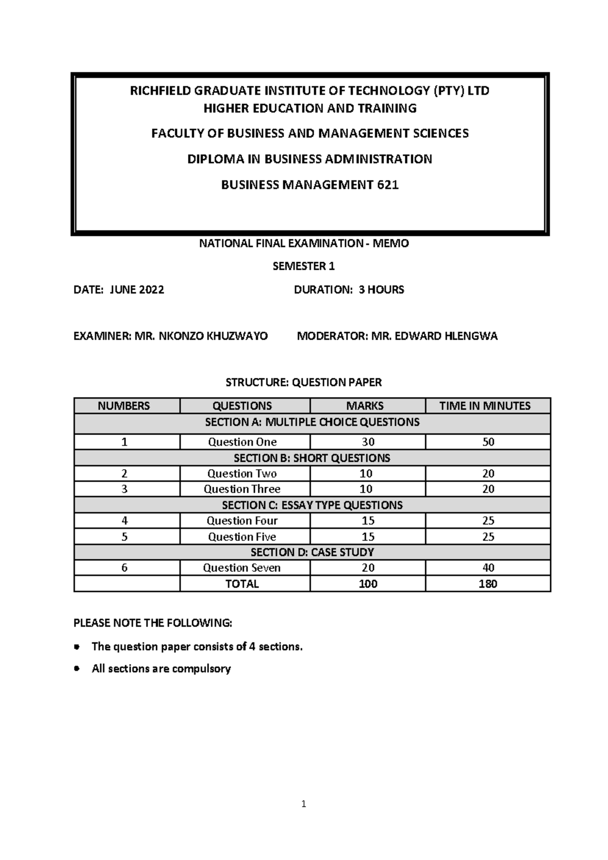 BMN 621 JUNE EXAM Paper - DBA - MEMO - NATIONAL FINAL EXAMINATION ...