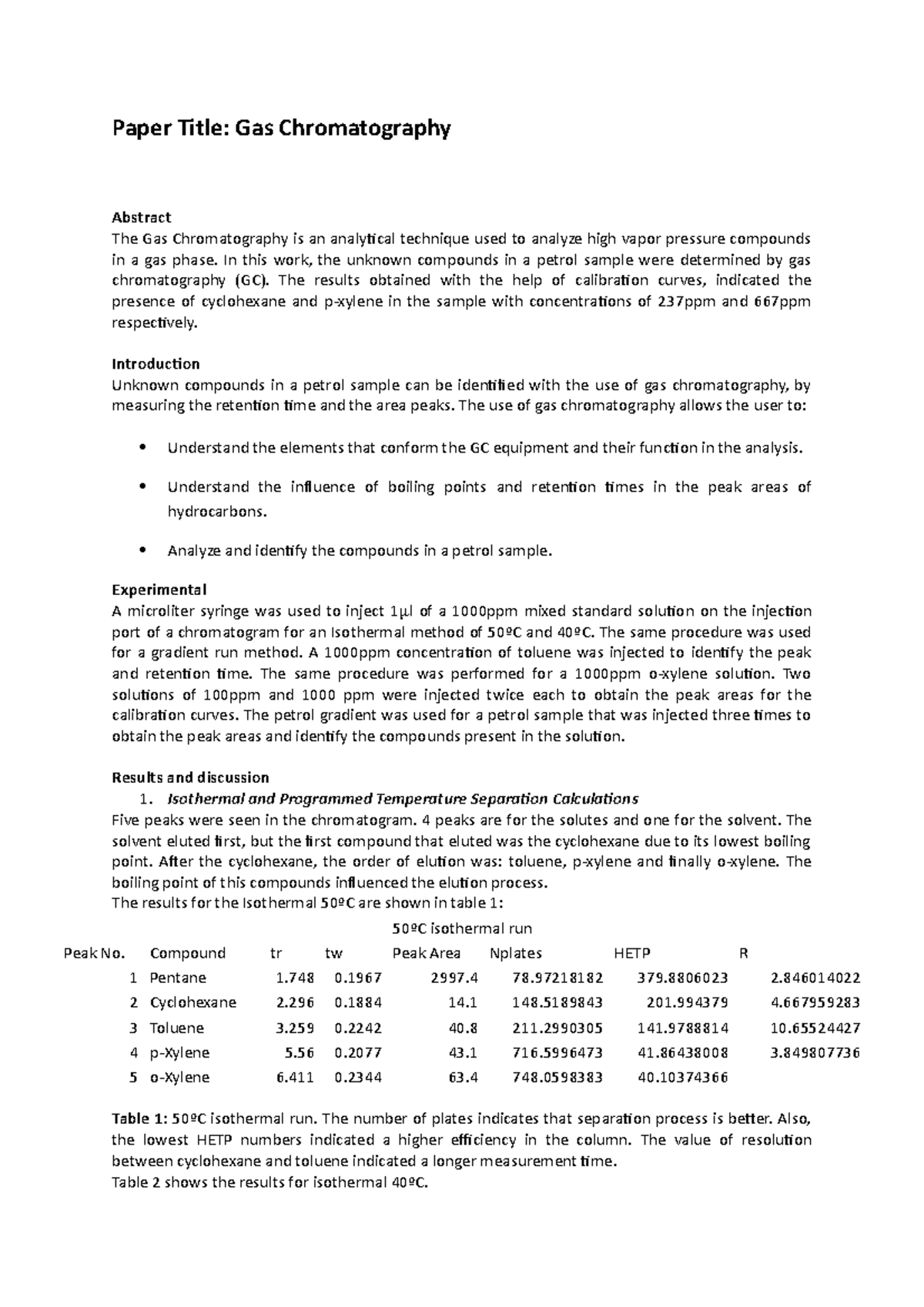 GC Report - Paper Title: Gas Chromatography Abstract The Gas ...