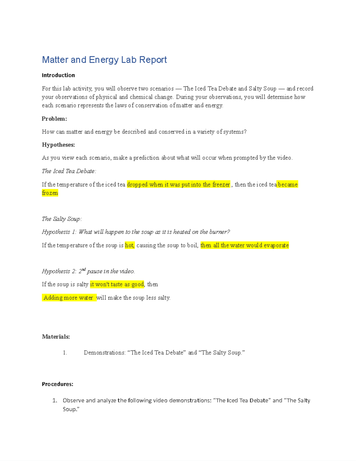 Matter and Energy Lab Report Google Docs Matter and Energy Lab