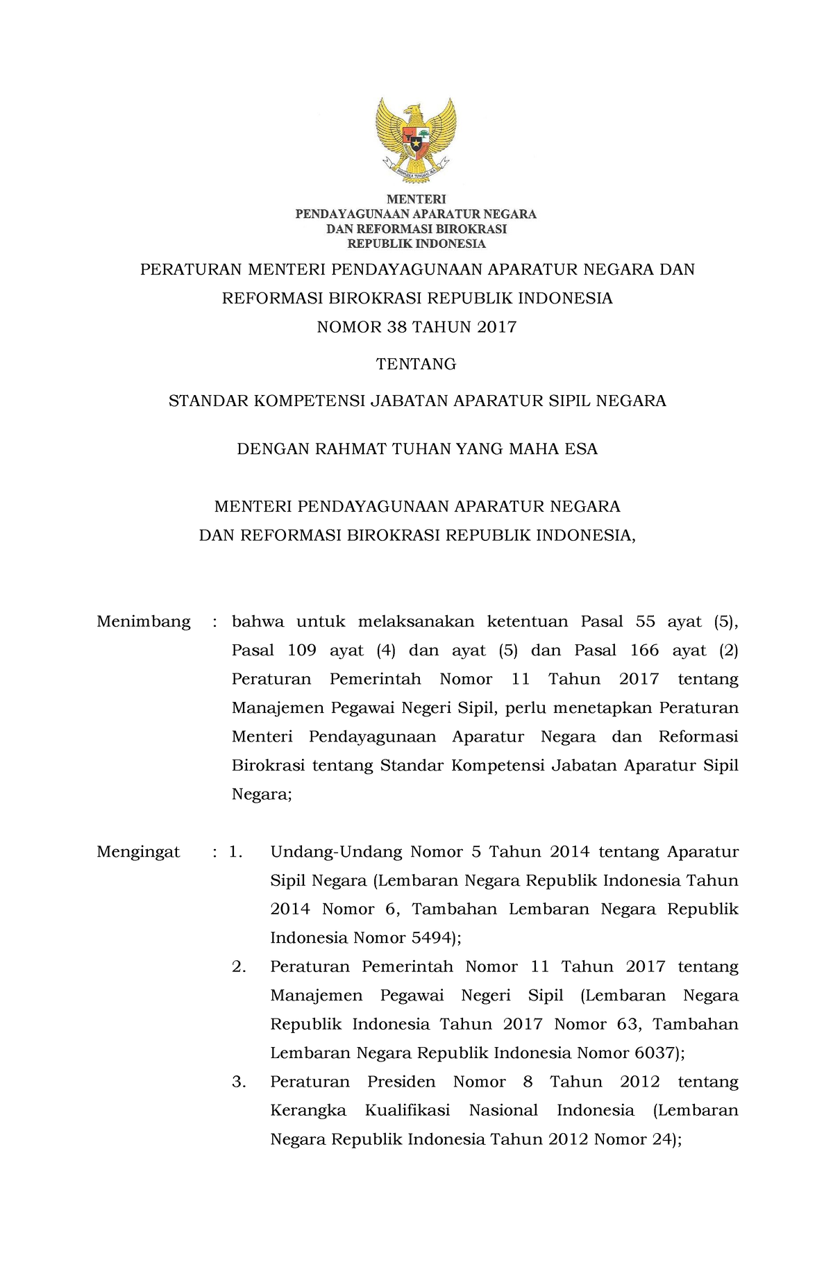 Permenpanrb NO 38 Tahun 2017 - PERATURAN MENTERI PENDAYAGUNAAN APARATUR ...