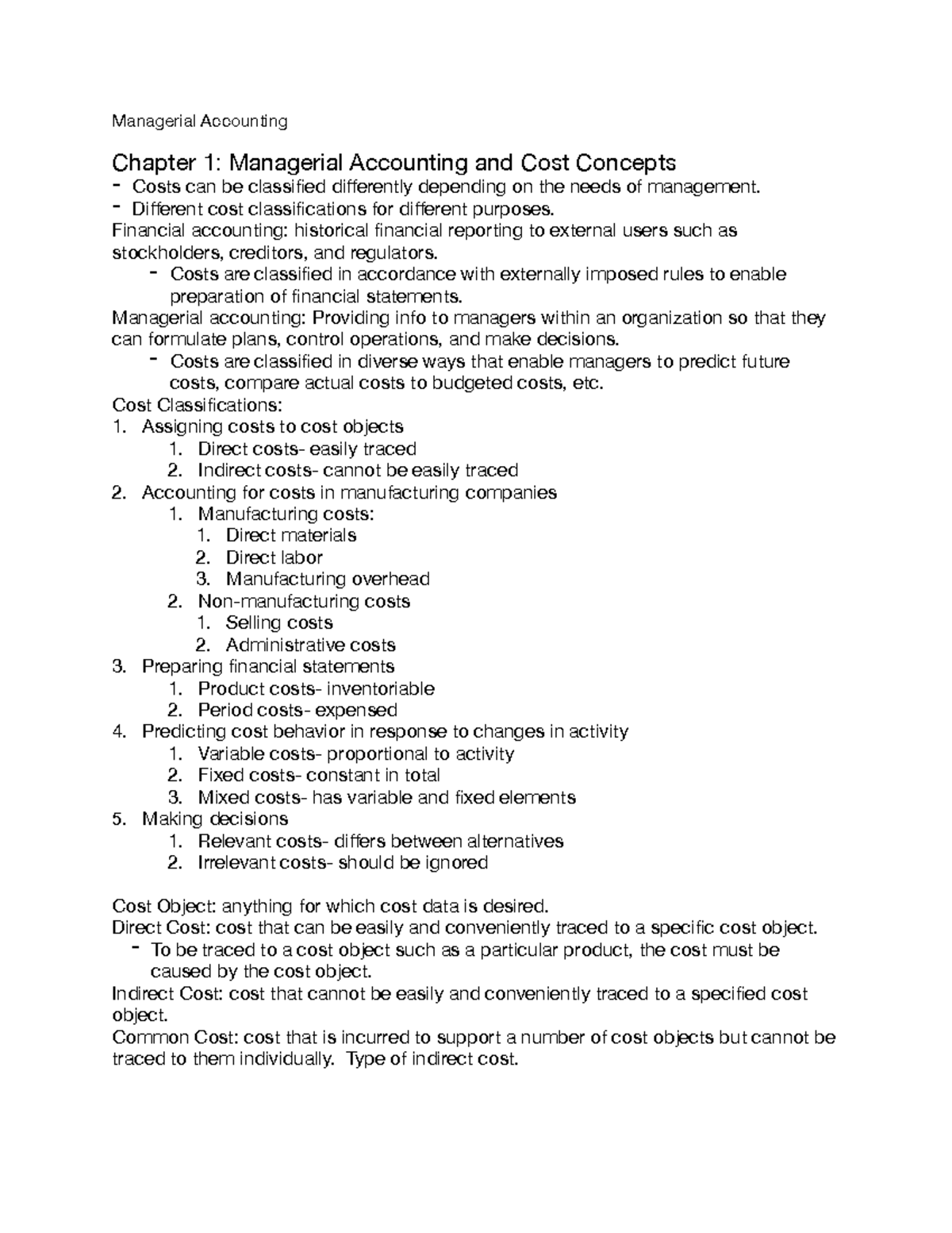 ACC 202 Notes Managerial Accounting Chapter 1 Managerial Accounting