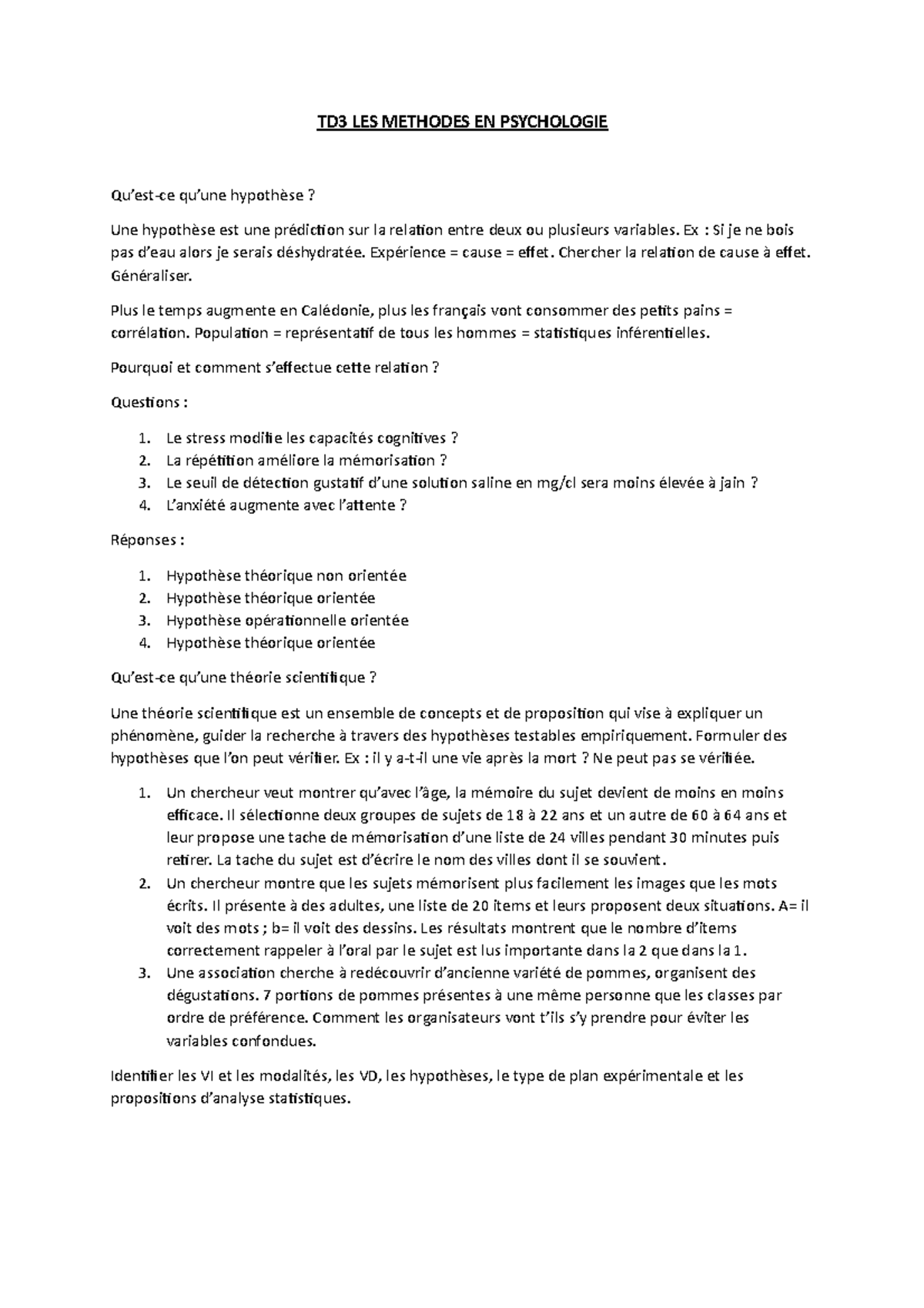 TD3 TD3 TD3 LES METHODES EN PSYCHOLOGIE Qu’estce qu’une hypothèse? Une hypothèse est une