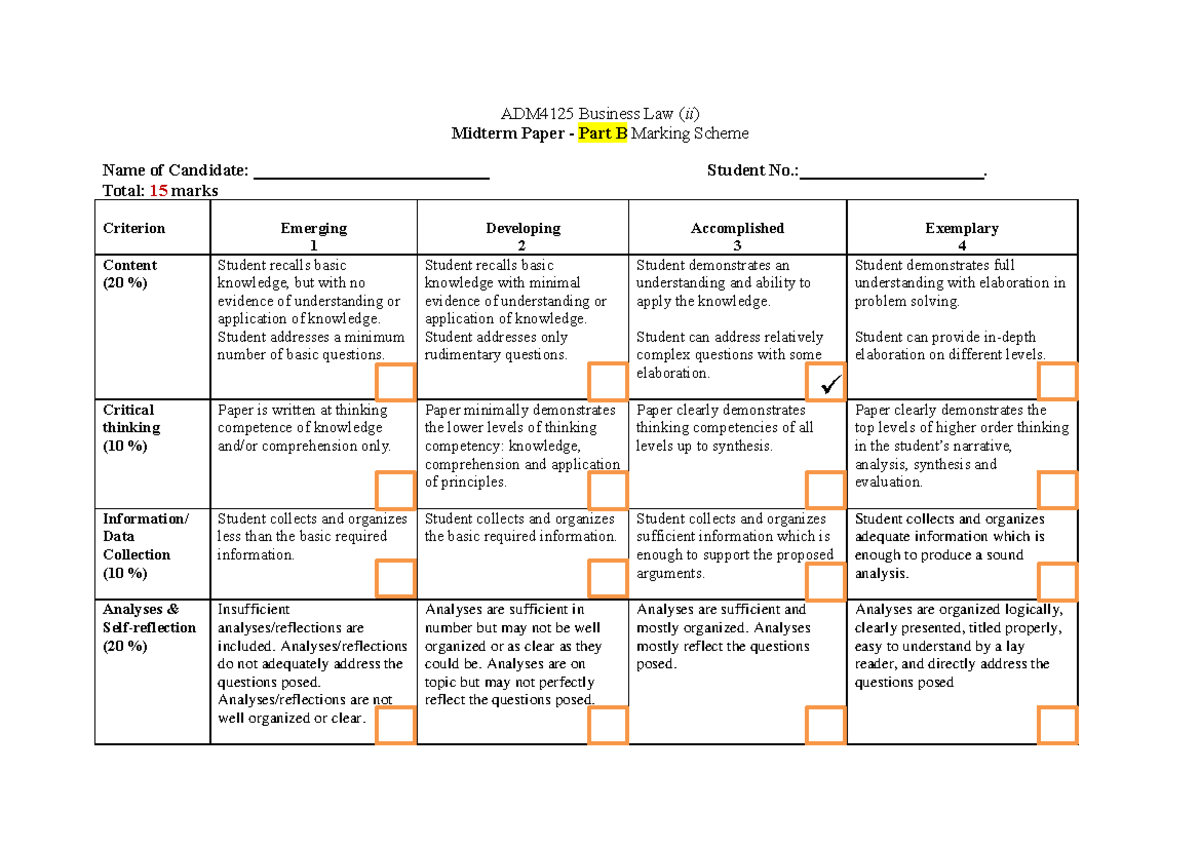 Doc 4 Part B Marking Scheme - ADM4125 Business Law (ii) Midterm Paper ...