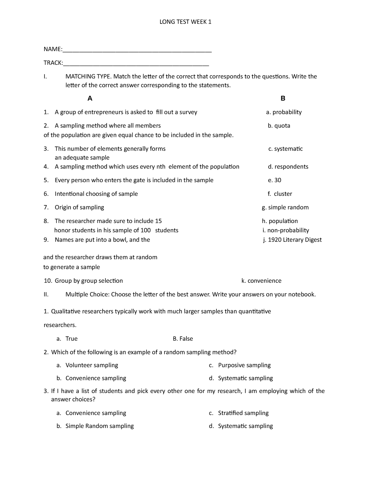 LONG TEST WEEK 1 - TEST - LONG TEST WEEK 1 NAME