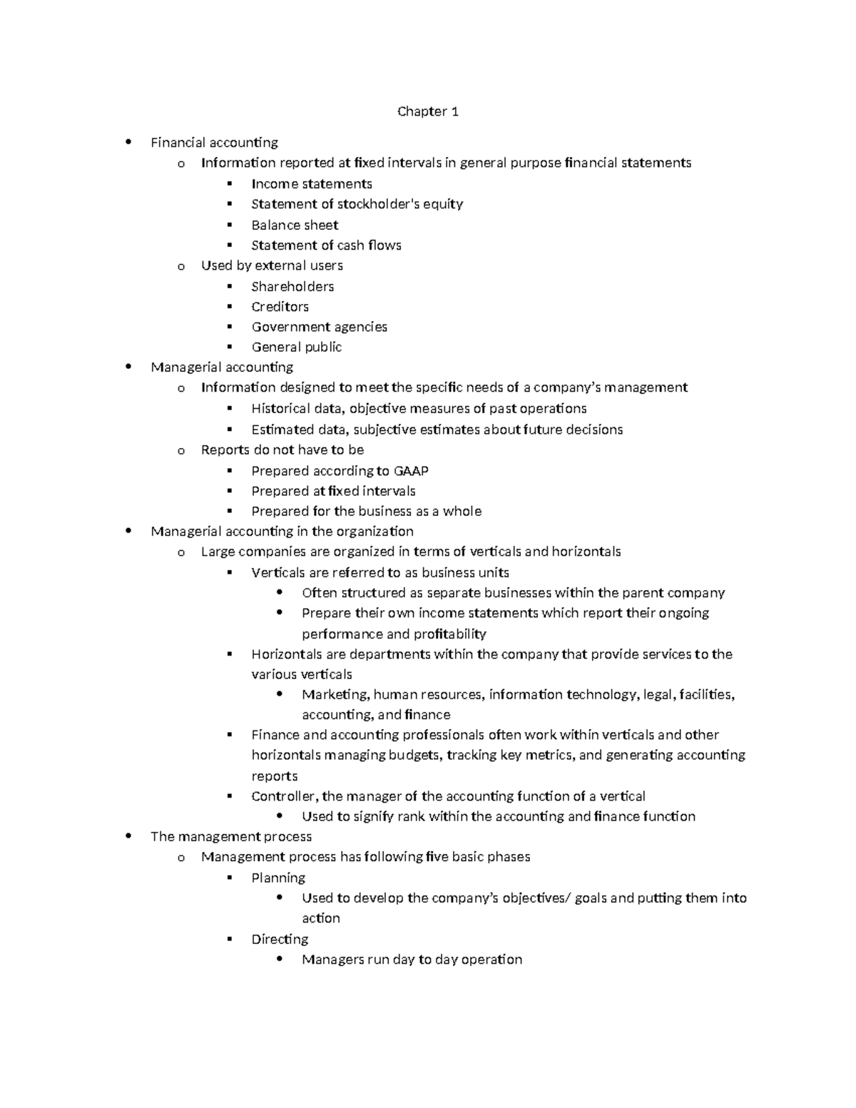 Managerial Accounting Chapter Notes Chapter 1 Financial accounting o