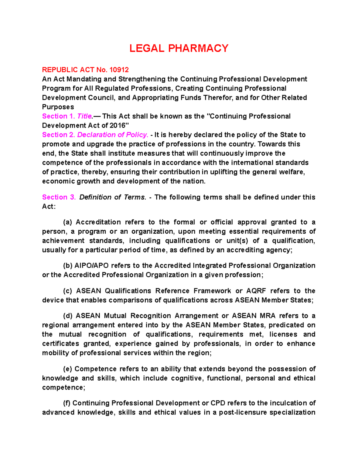 Legal- Pharmacy Assignments - LEGAL PHARMACY REPUBLIC ACT No. 10912 An ...