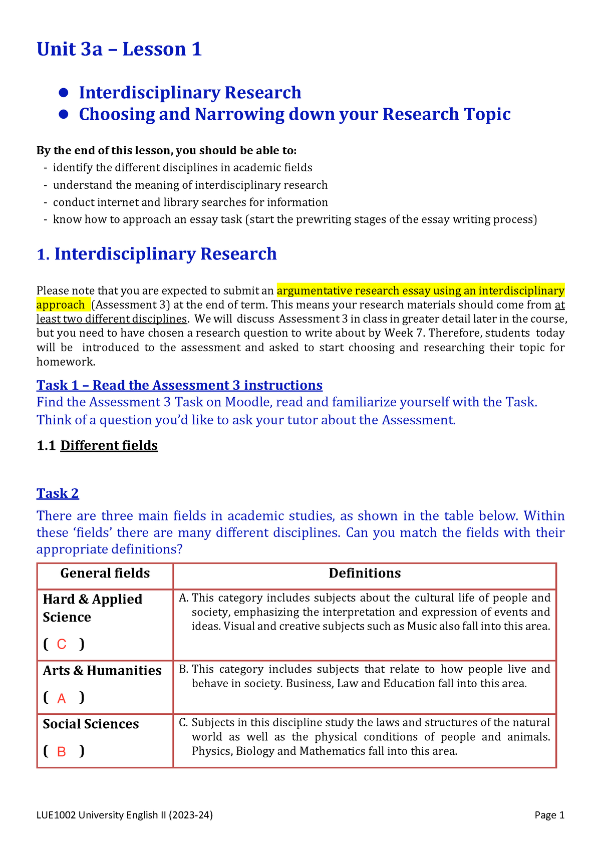 Unit 3A Interdisciplinary Research and process of writing an ...