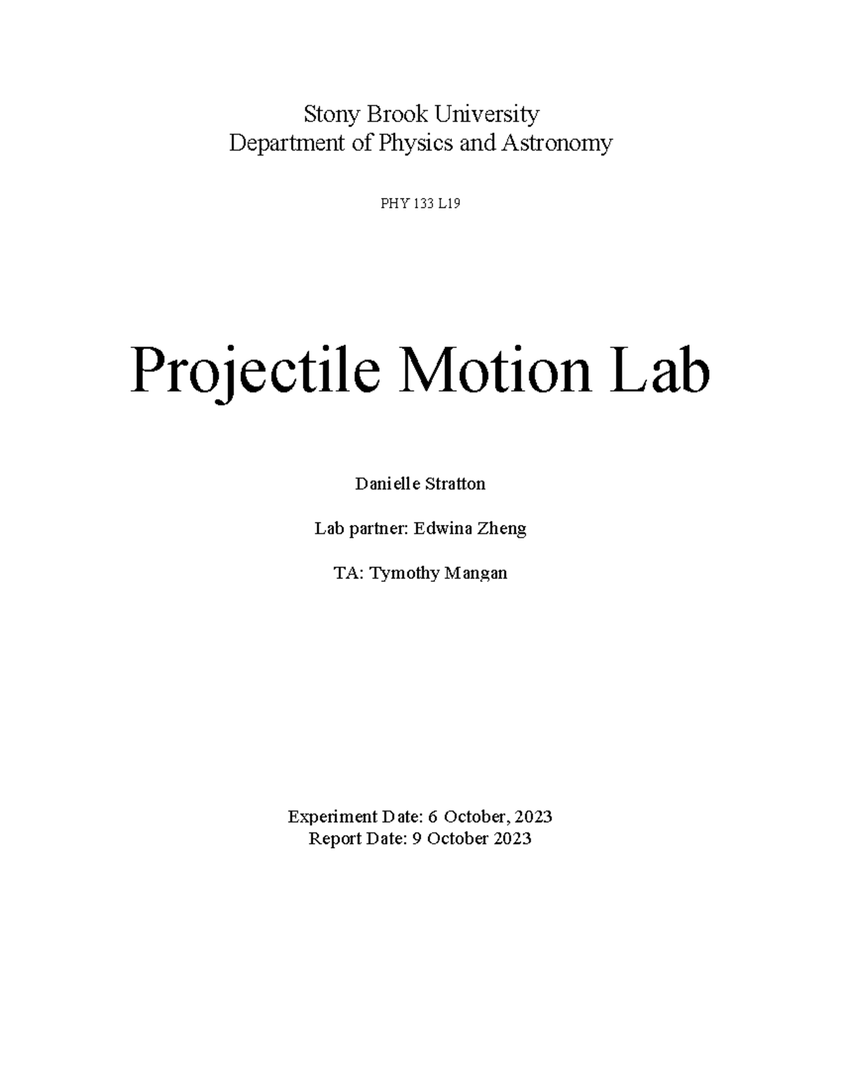 Projectile Motion Lab Write Up - Stony Brook University Department Of ...